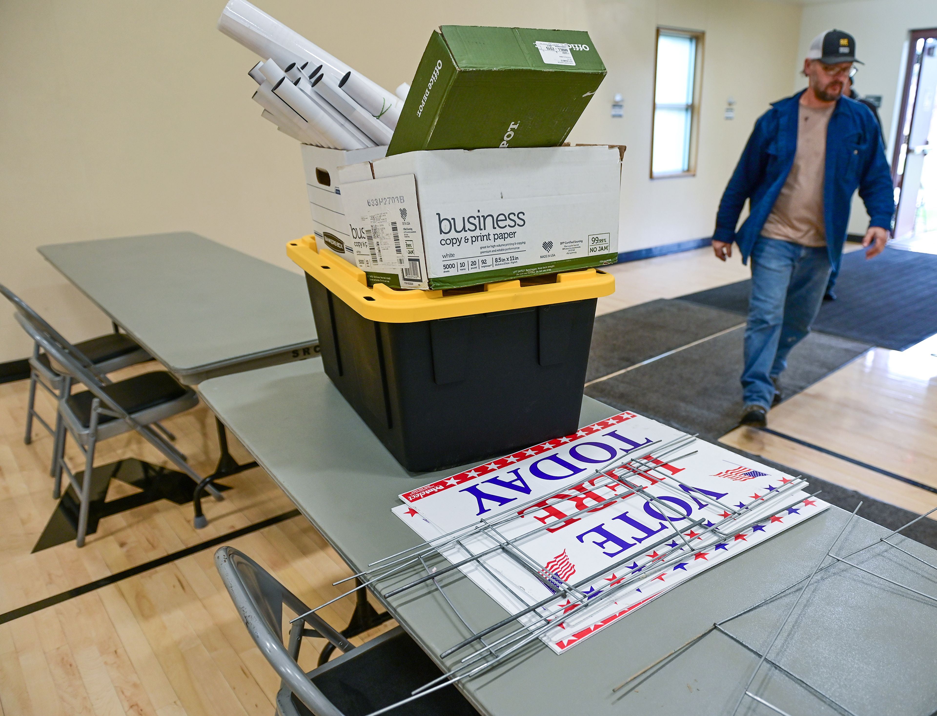 Supplies for Election Day sit on a table at the University of Idaho Student Recreation Center Monday in Moscow.