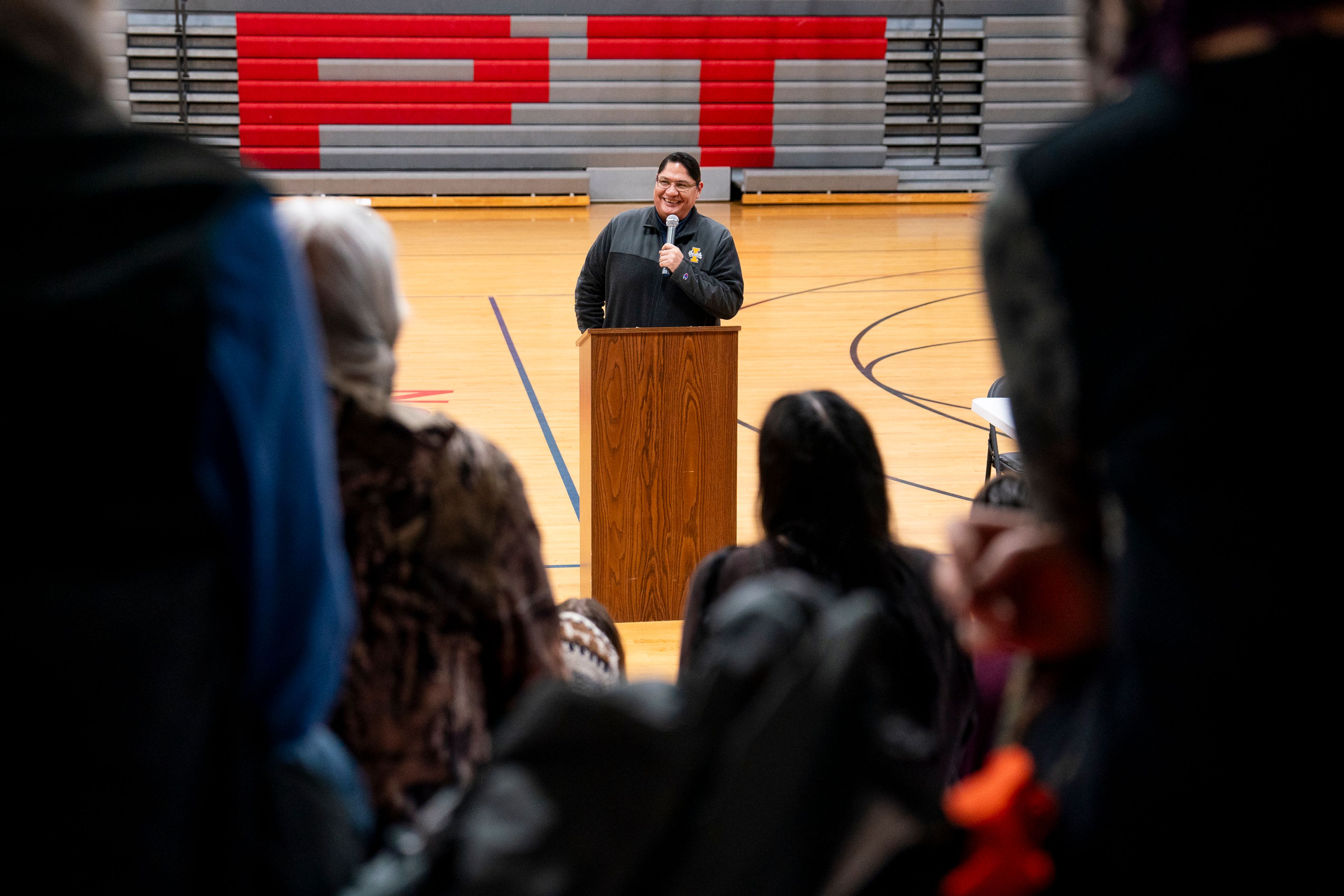 Executive Director of the Buffalo Field Campaign James Holt speaks to the crowd during the Honor the Wolf Ceremony inside Pi-Nee-Waus Community Center in Lapwai on Saturday