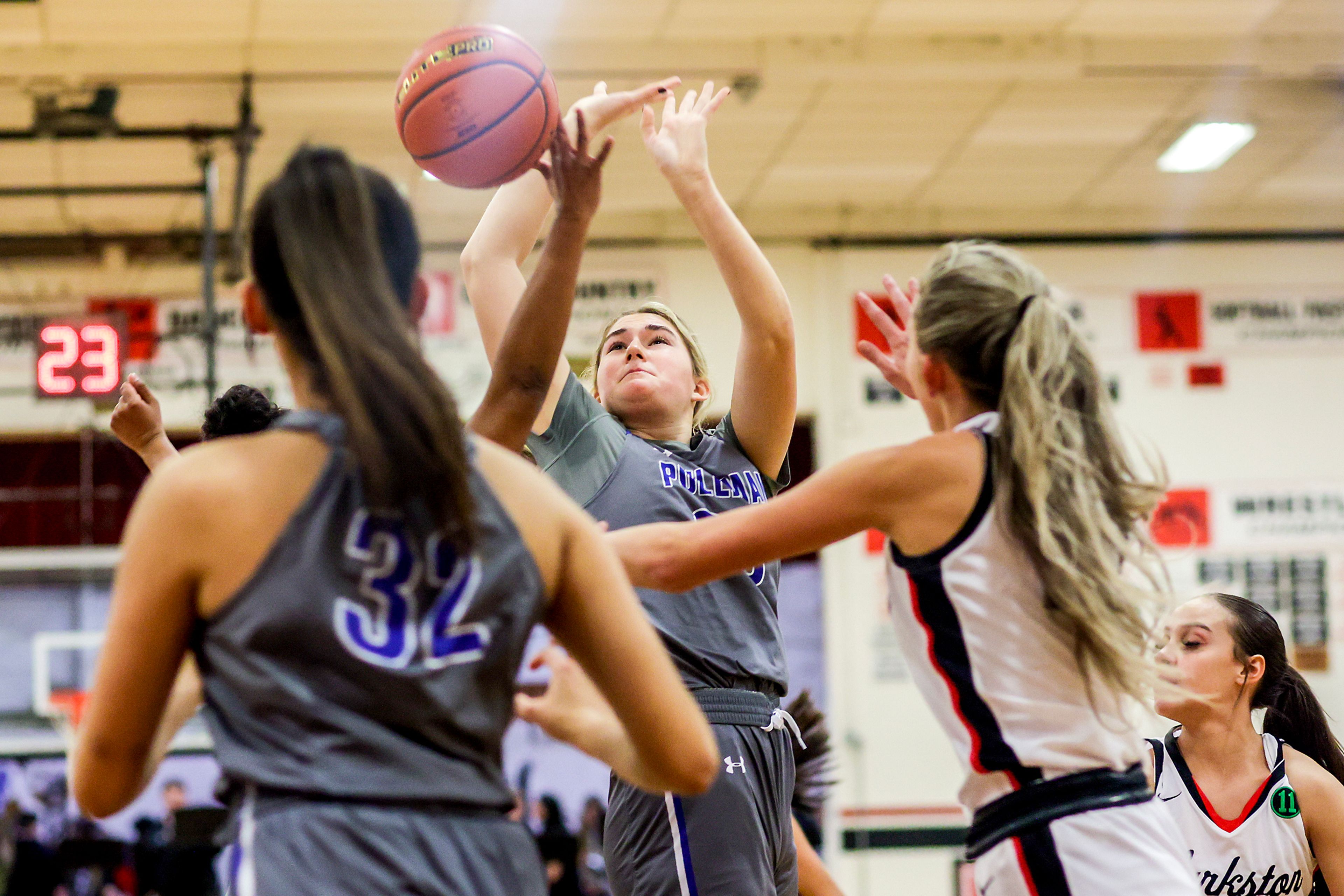 Pullman post Ryliann Bednar loses hold of the ball on a shot during Tuesday's Class 2A Greater Spokane League girls basketball game at Clarkston.