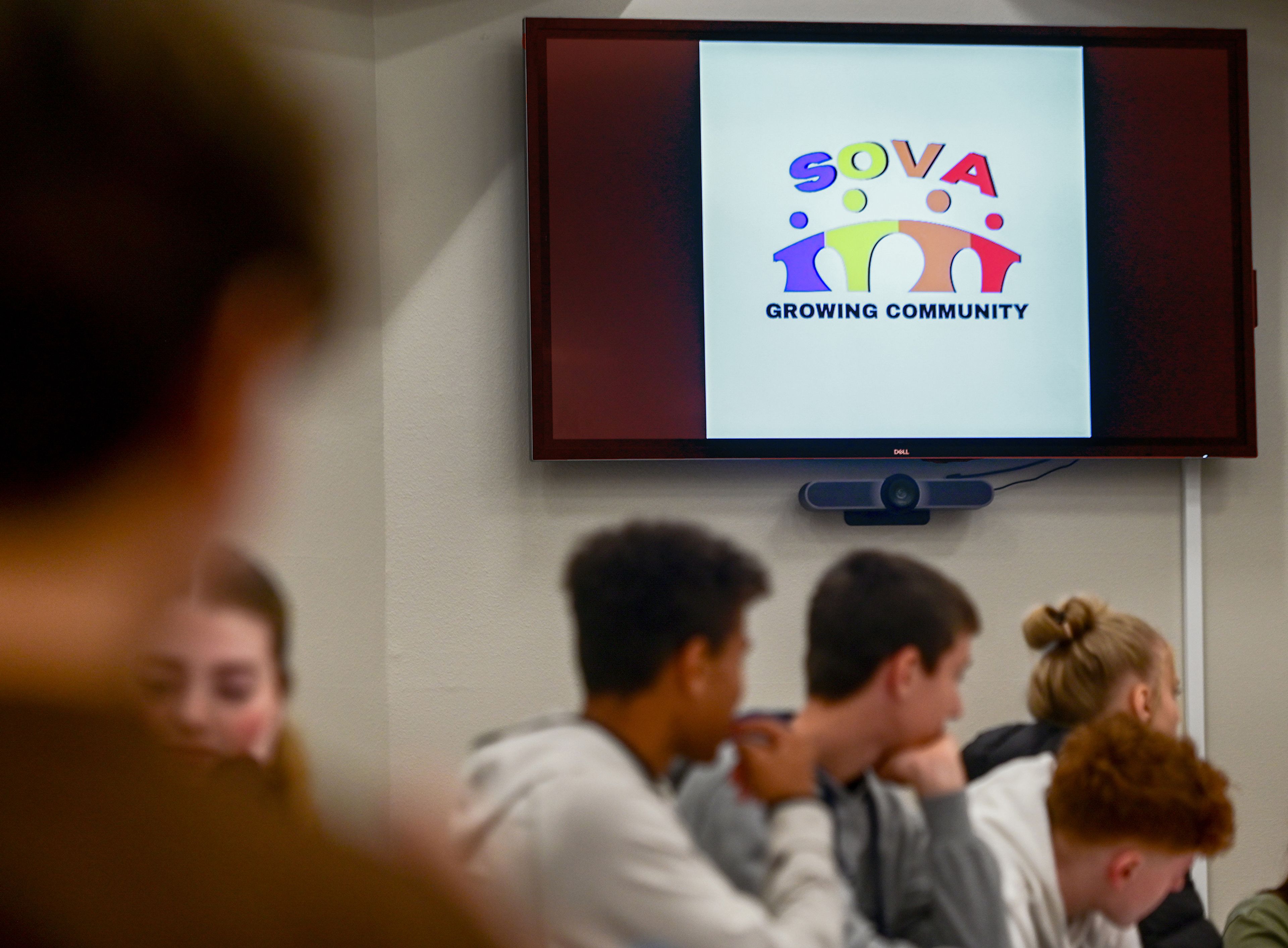 Monitors in the Asotin High School library allow for the option of remote participation in meetings.