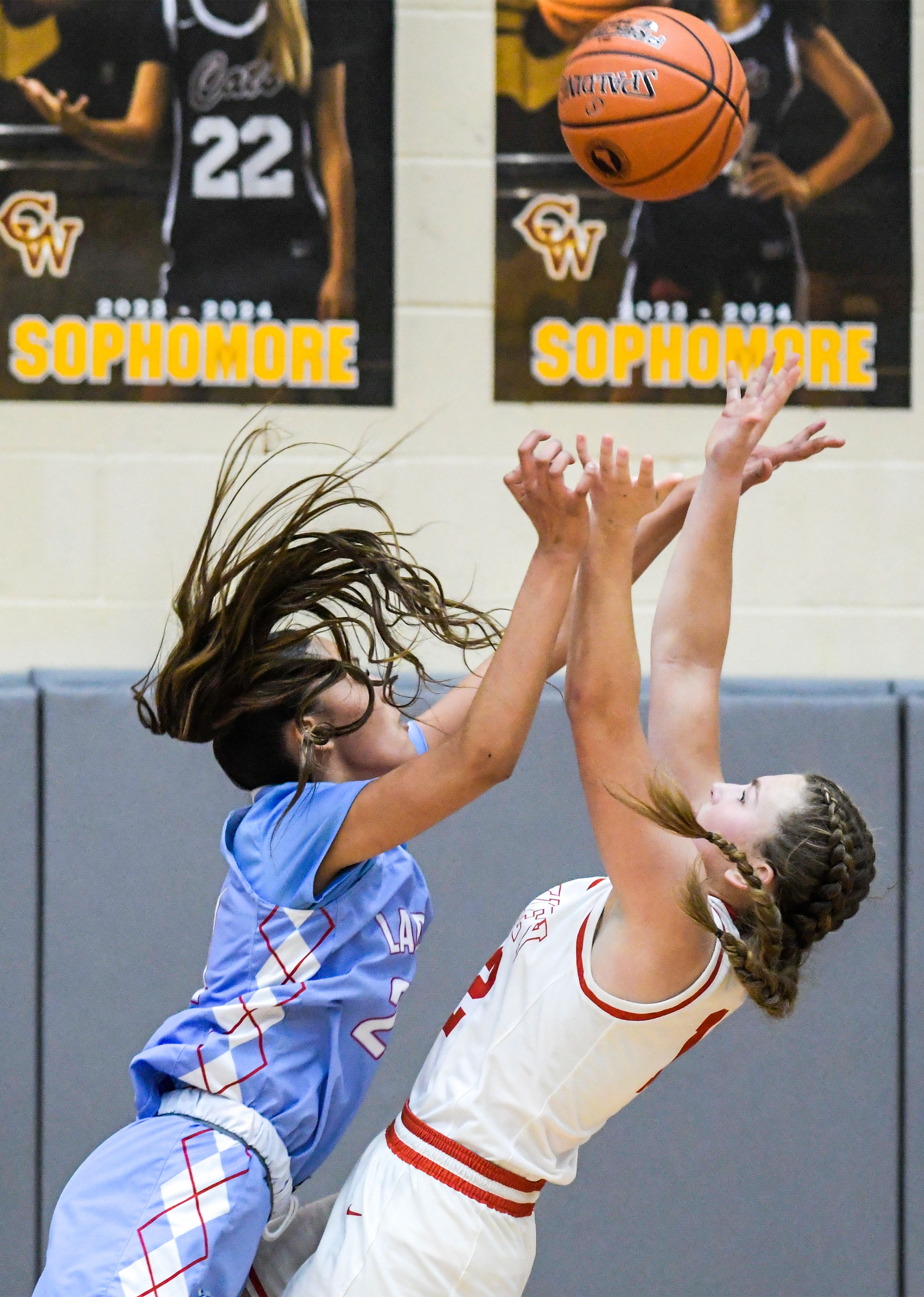 Lapwai's Jayden Leighton looks to break up Oakley guard Taylin Beck’s shotduring an Idaho Class 1A DI girls state semifinal game Friday at Columbia High School.