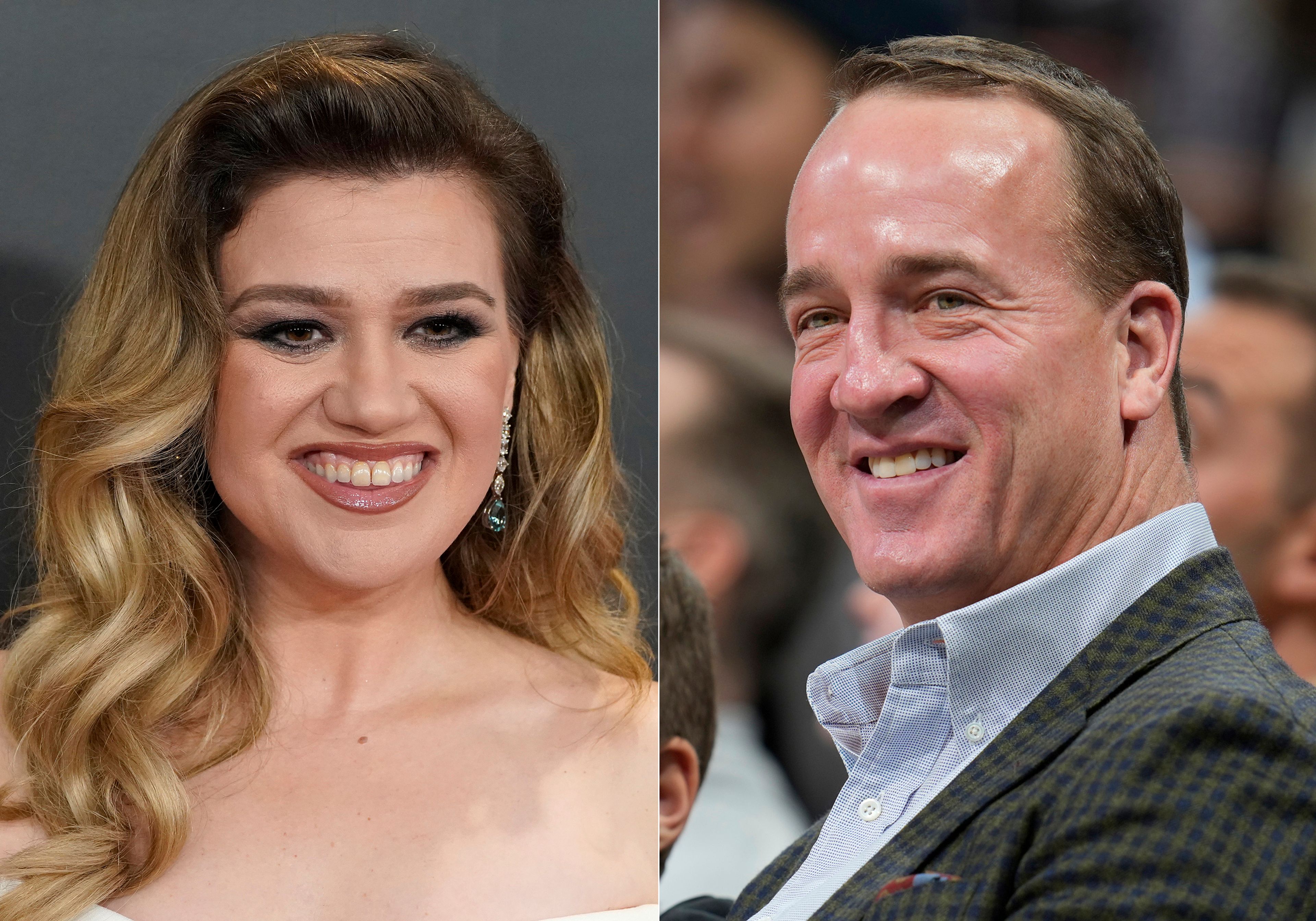 This combination of photos shows Kelly Clarkson at the 66th annual Grammy Awards in Los Angeles on Feb. 4, 2024, left, and retired NFL quarterback Peyton Manning in Denver on Dec. 20, 2022. Clarkson and Manning will join sportscaster Mike Tirico in Paris as hosts of the opening ceremony at the Paris Olympics.