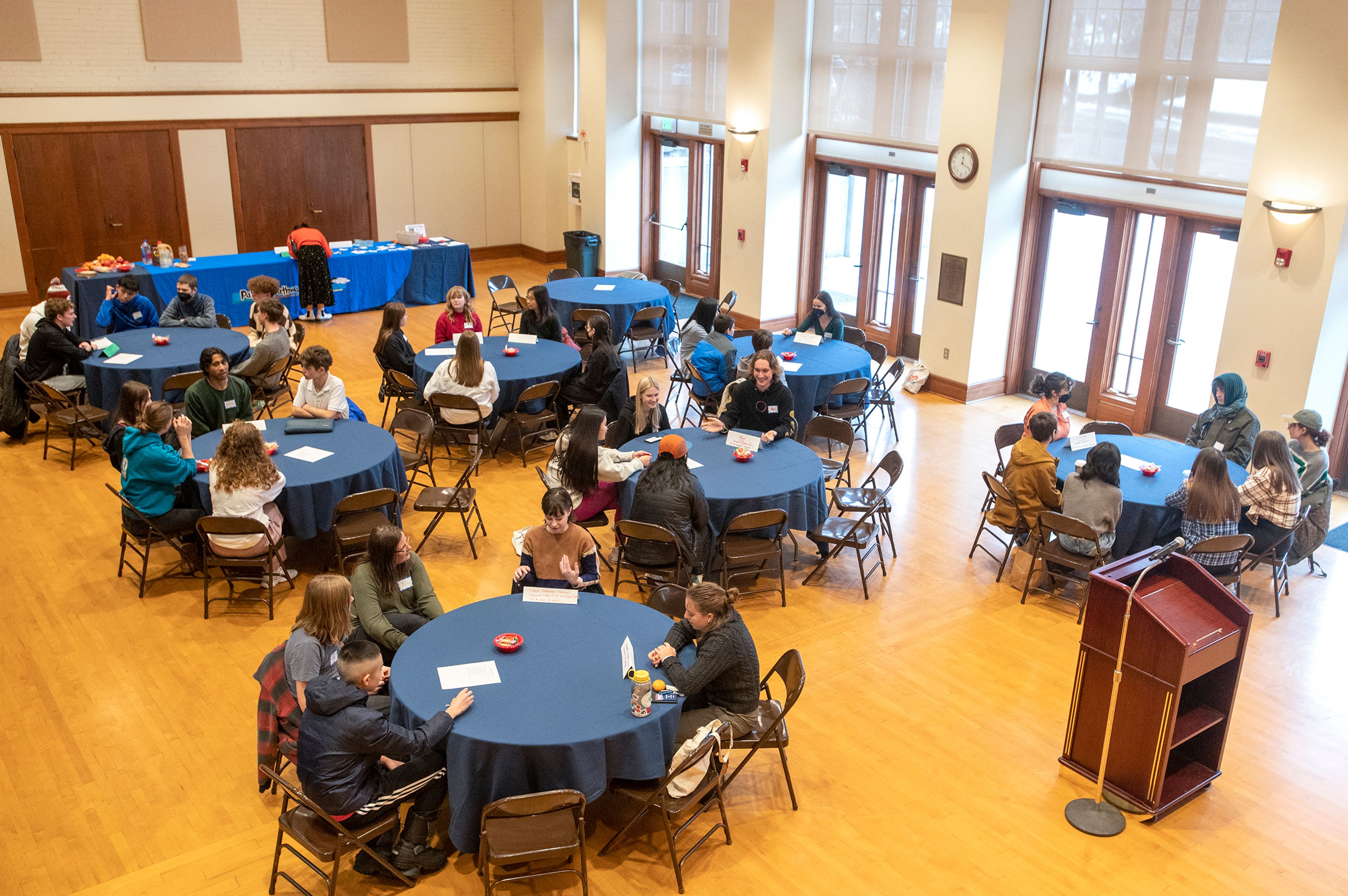 College students speak with local high schoolers during a Palouse Pathways event at the 1912 Center in Moscow on Wednesday.