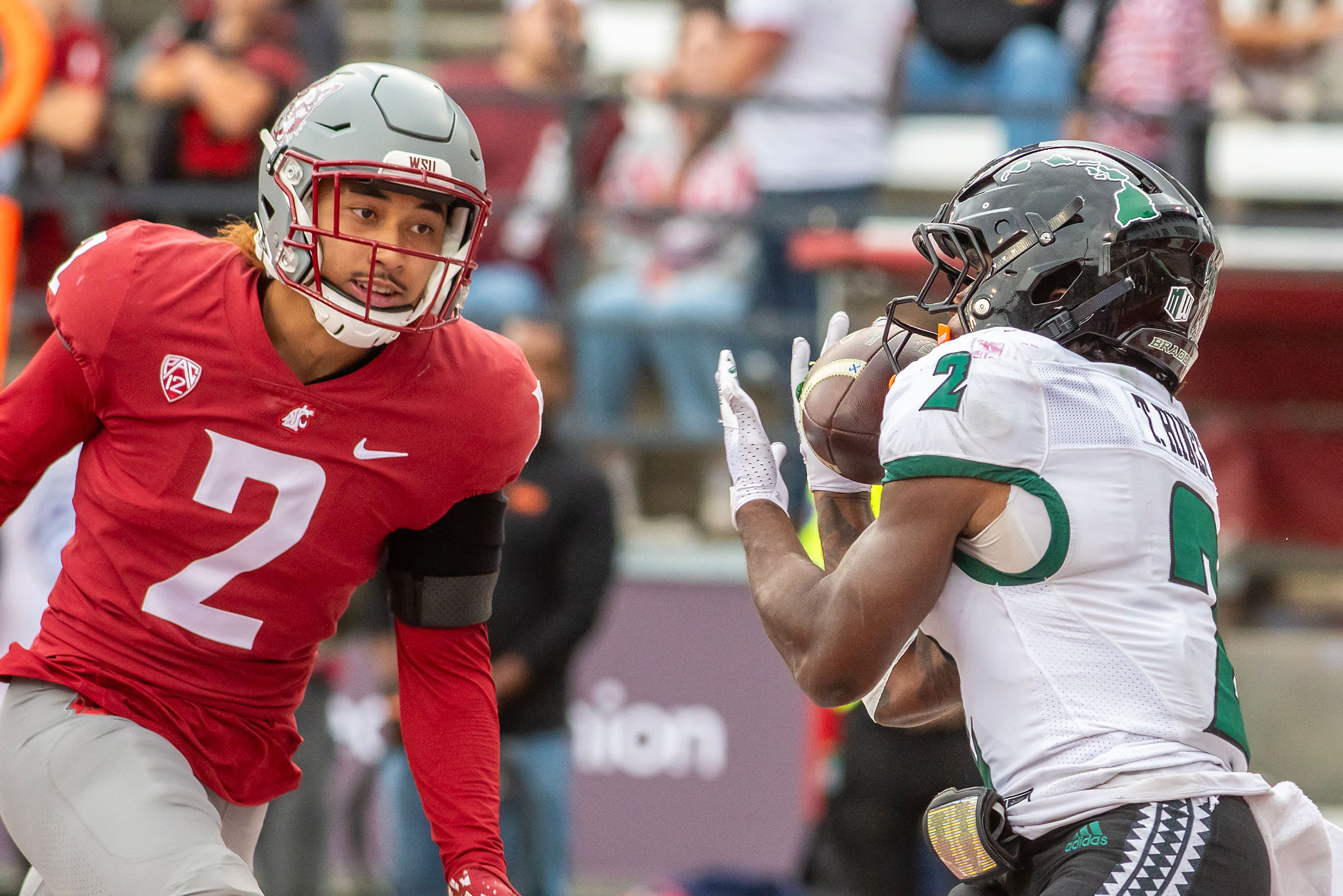 Hawaii wide receiver Tylan Hines makes a catch for a touchdown against Washington State in a college football game on Saturday at Gesa Field in Pullman. WSU defeated Hawaii 42-10.,