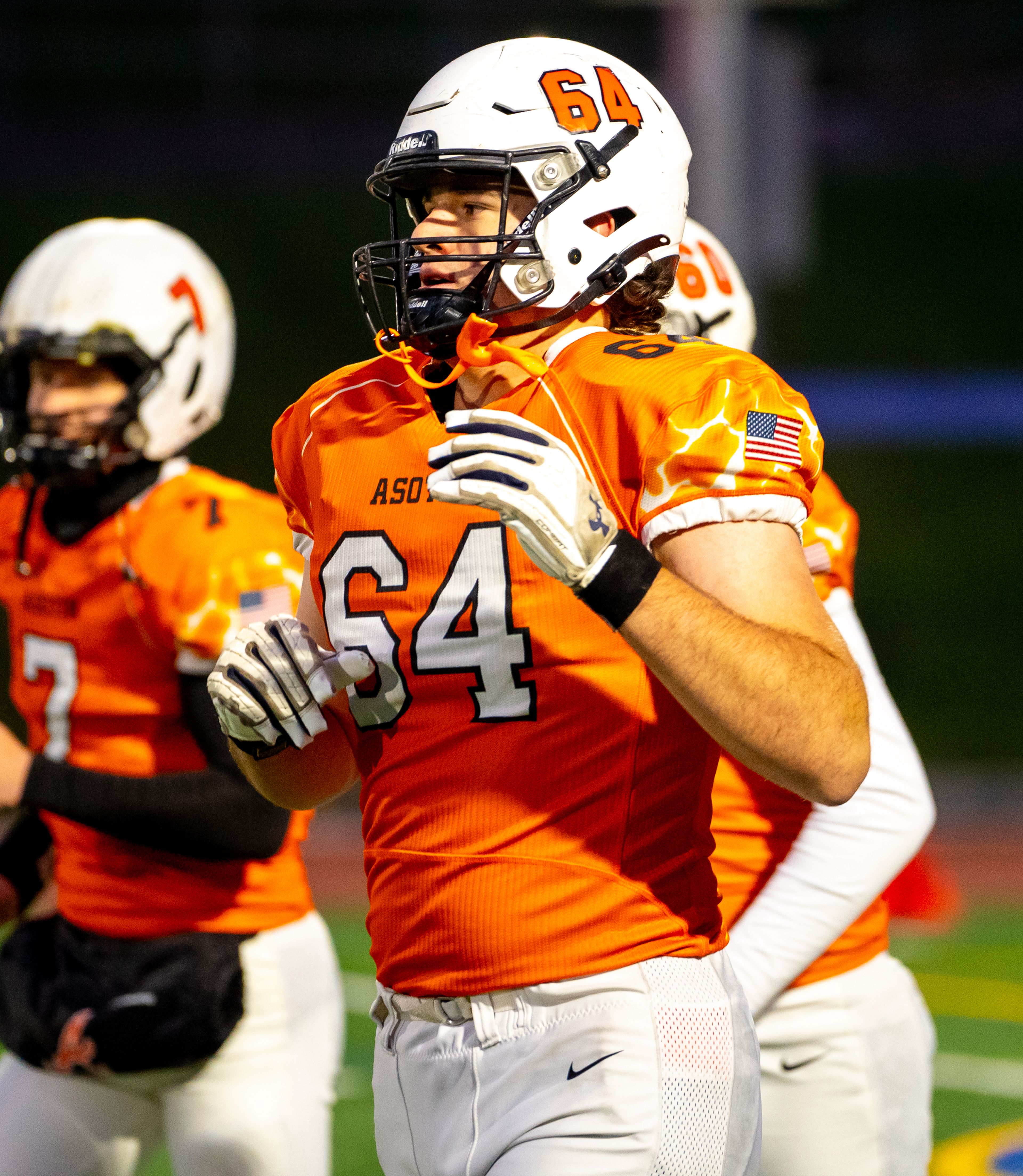 Asotin lineman AJ Olerich reacts during a semifinal game against Napavine in the Washington 2B state tournament Saturday in Richland.