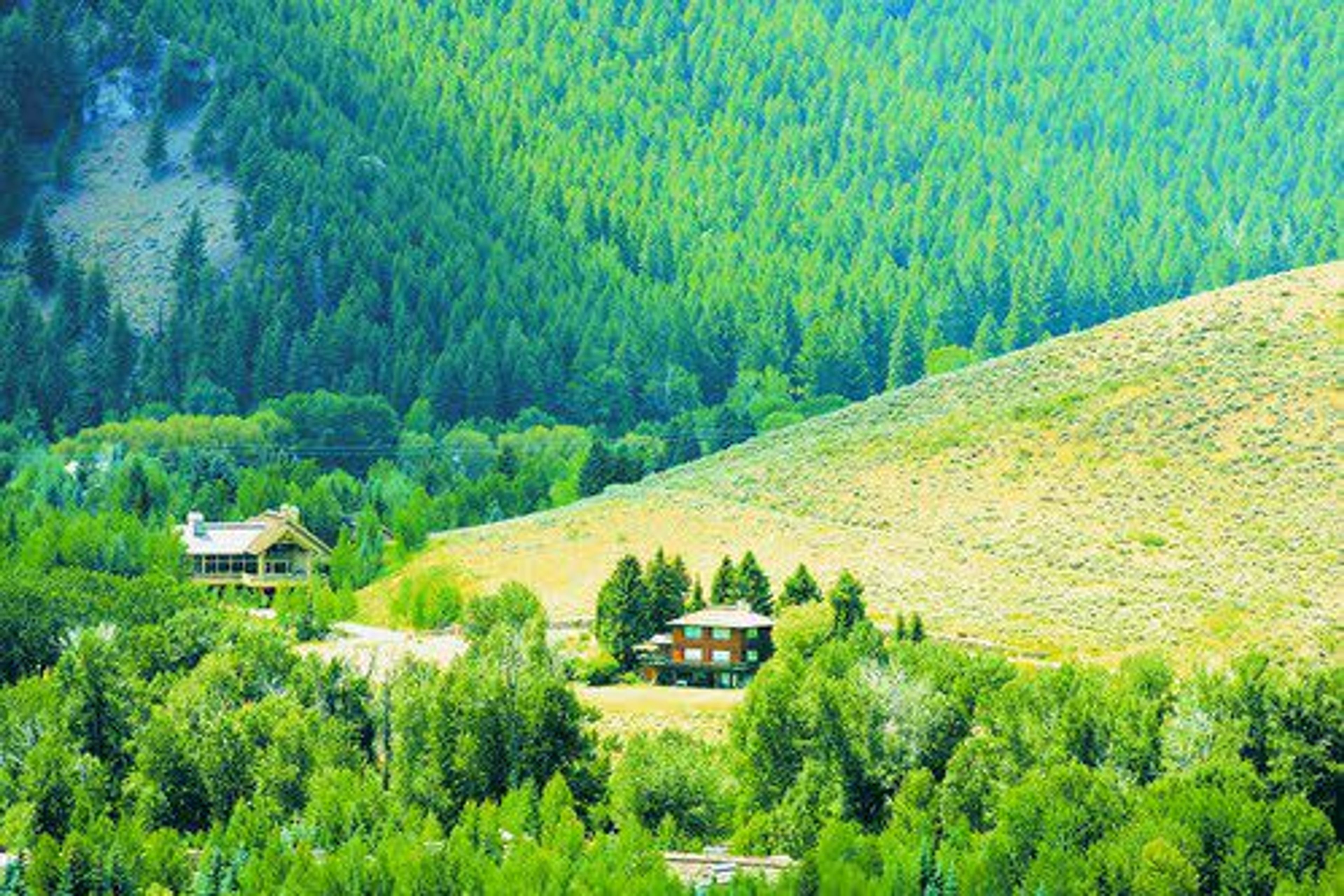 This July 30, 2007, photo shows the house formerly owned by Ernest Hemingway (center) in a wooded landscape outside Ketchum, Idaho.