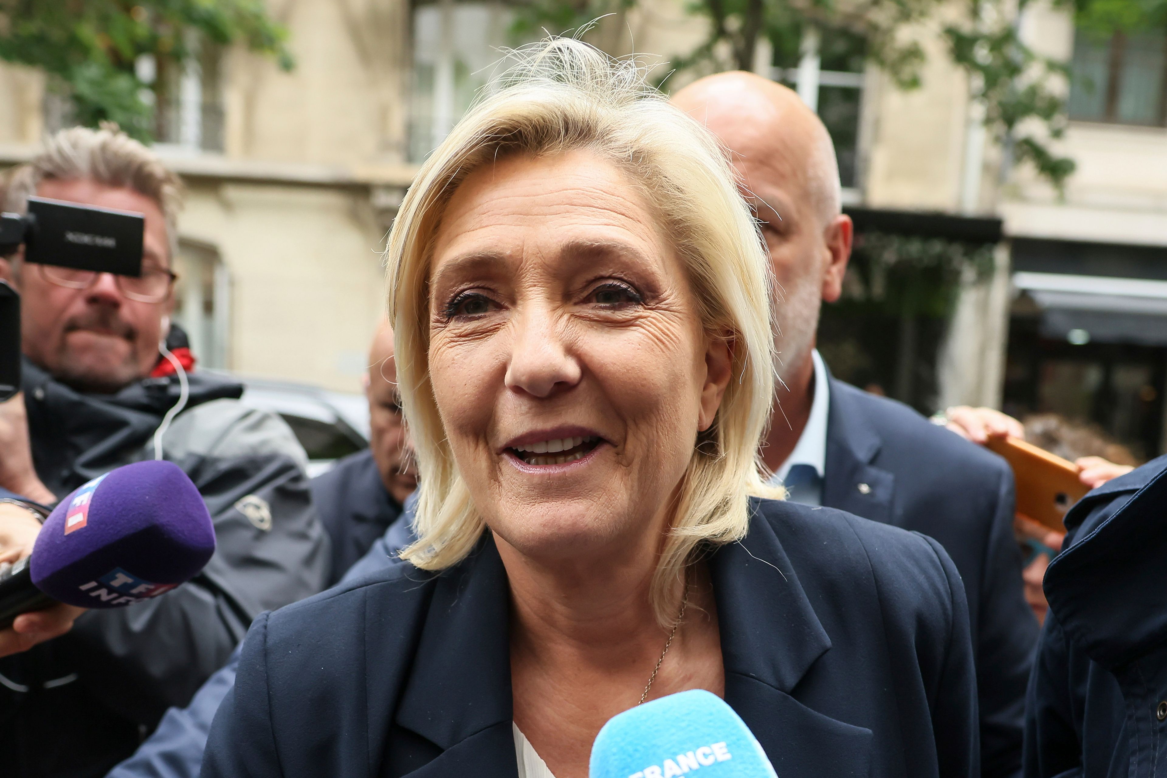 French far-right leader Marine Le Pen arrives at the National Rally party headquarters, Monday, June 10, 2024 in Paris. French President Emmanuel Macron dissolved the lower house of France's parliament in a surprise announcement sending voters back to the polls in the coming weeks to choose lawmakers, after his party was handed a humbling defeat by the far-right in the European elections Sunday.