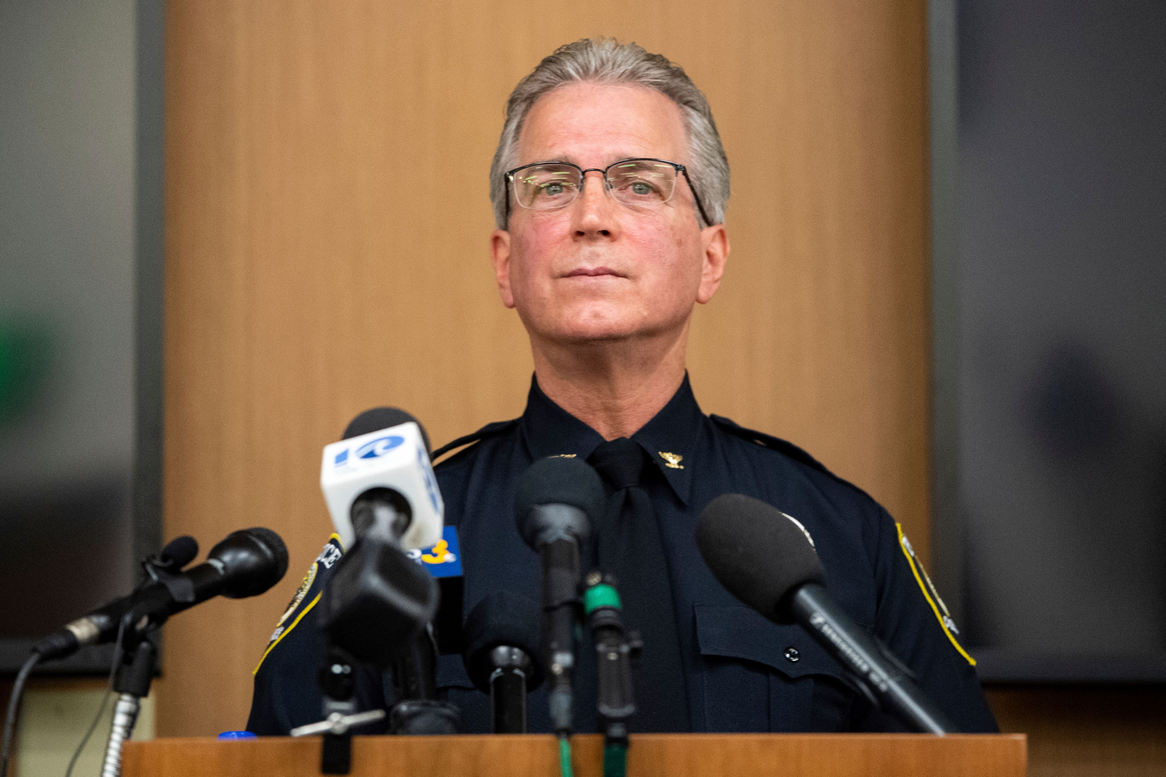 Chesapeake Police Chief Mark G. Solesky speaks at a press conference addressing the Walmart shooting at the Chesapeake Public Safety Operations Center on Wednesday Nov. 23, 2022, in Chesapeake, Va. Authorities and witnesses say a Walmart manager opened fire on fellow employees in the break room of the store. (Mike Caudill/The Virginian-Pilot via AP)