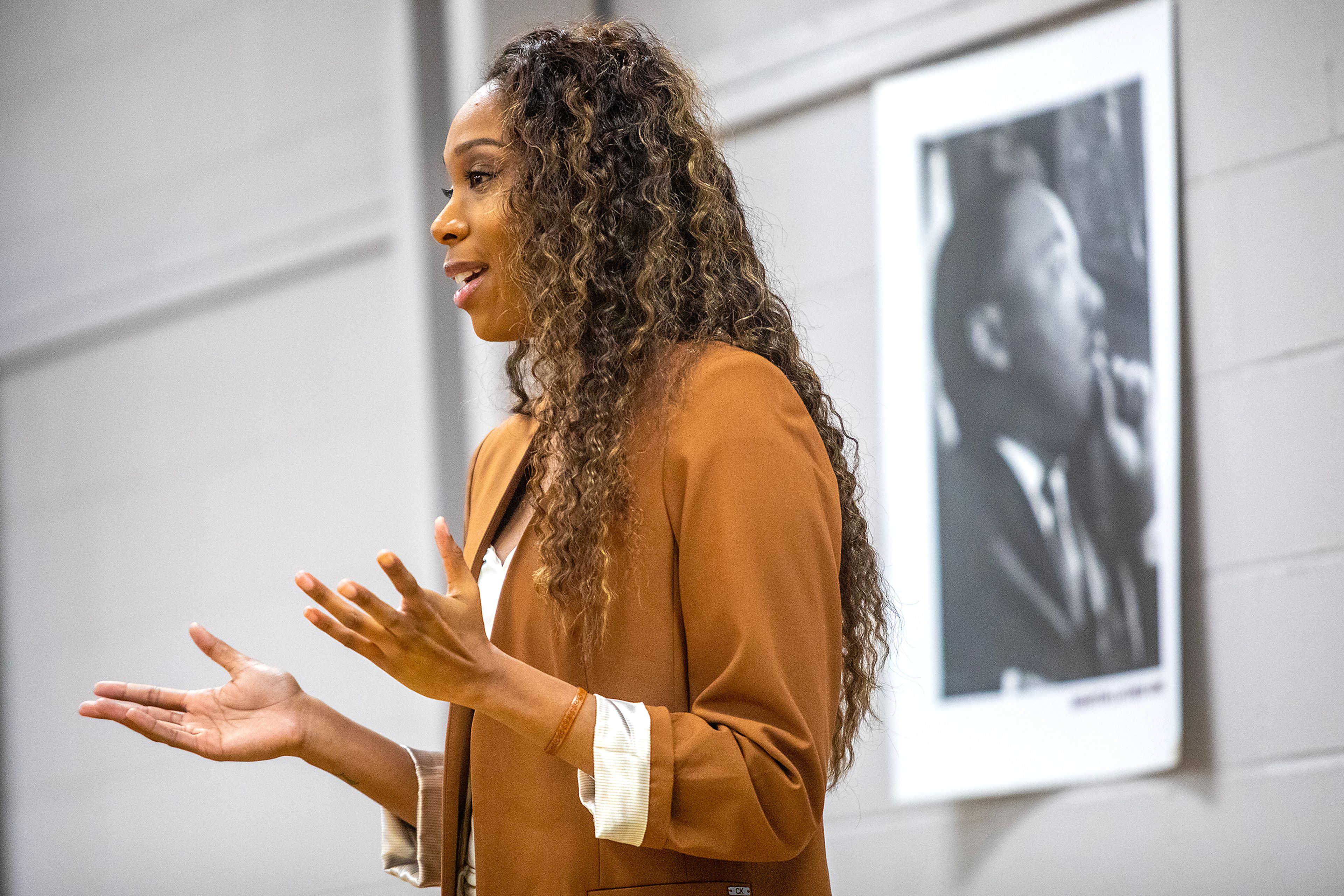 Mikailah Thompson speaks during the YWCA Martin Luther King Jr. Day event Monday in Lewiston.