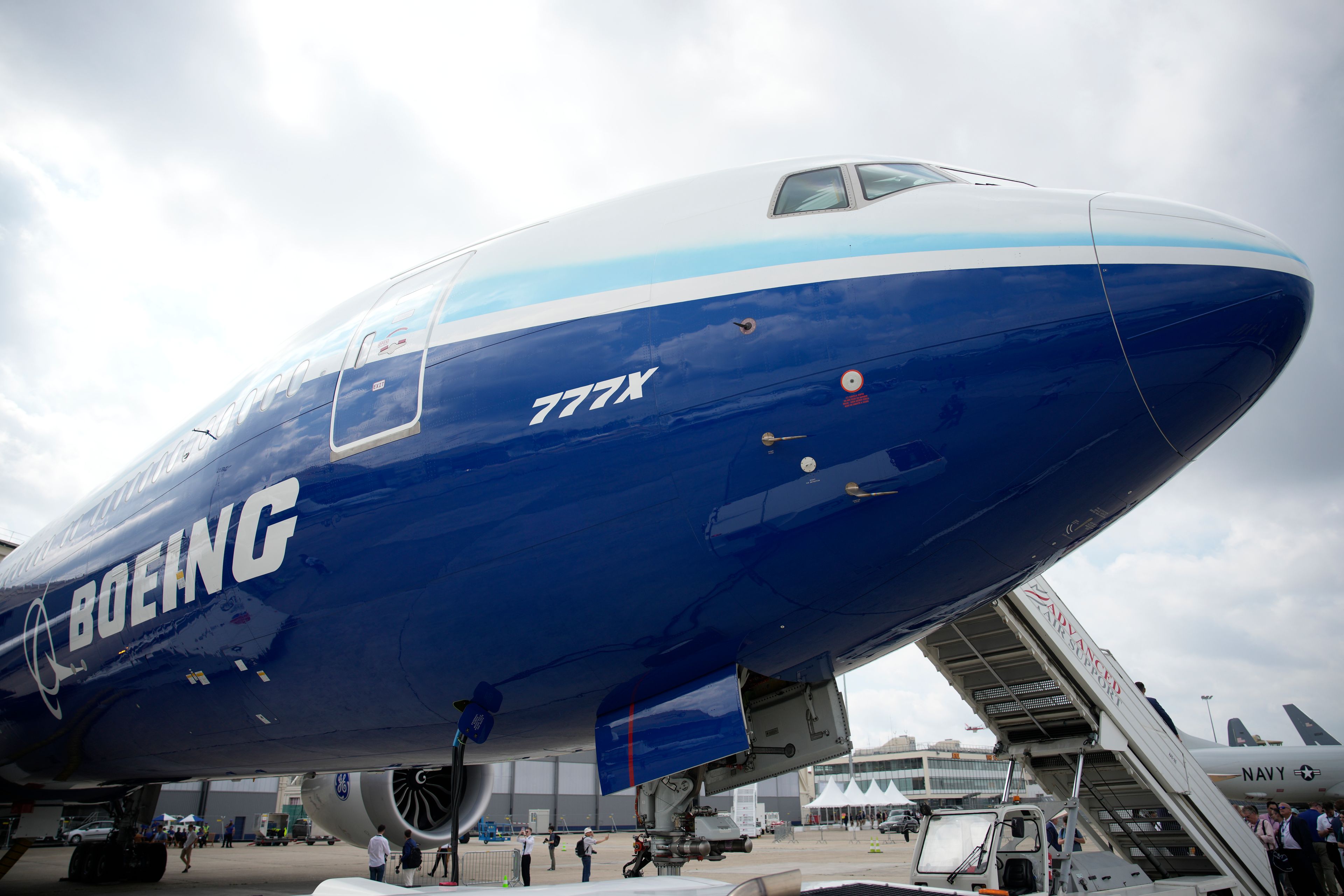 The Boeing 777X airplane is shown during the 2023 Paris Air Show in Le Bourget, north of Paris.