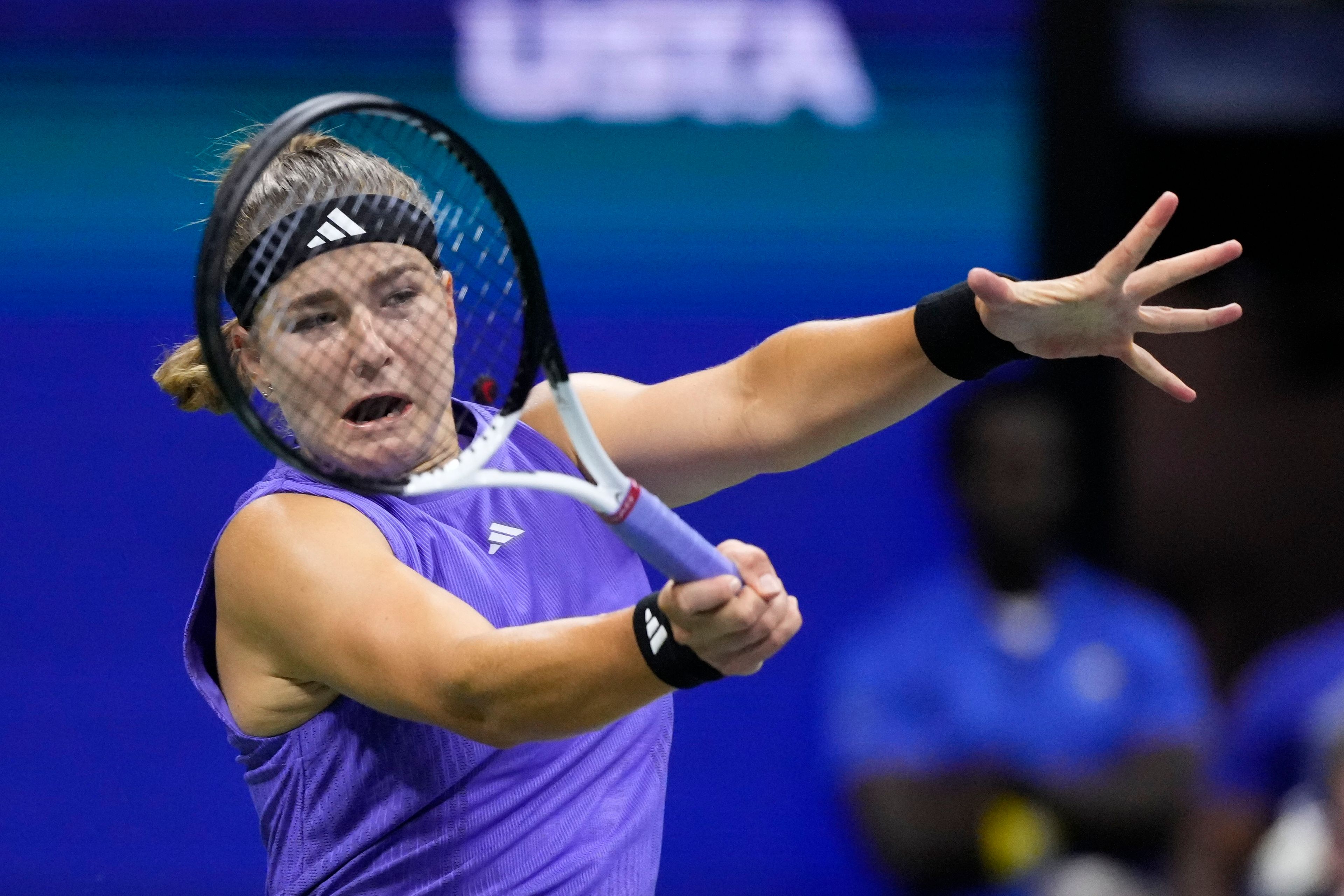 Karolina Muchova, of the Czech Republic, returns a shot to Jessica Pegula, of the United States, during the women's singles semifinals of the U.S. Open tennis championships, Thursday, Sept. 5, 2024, in New York.