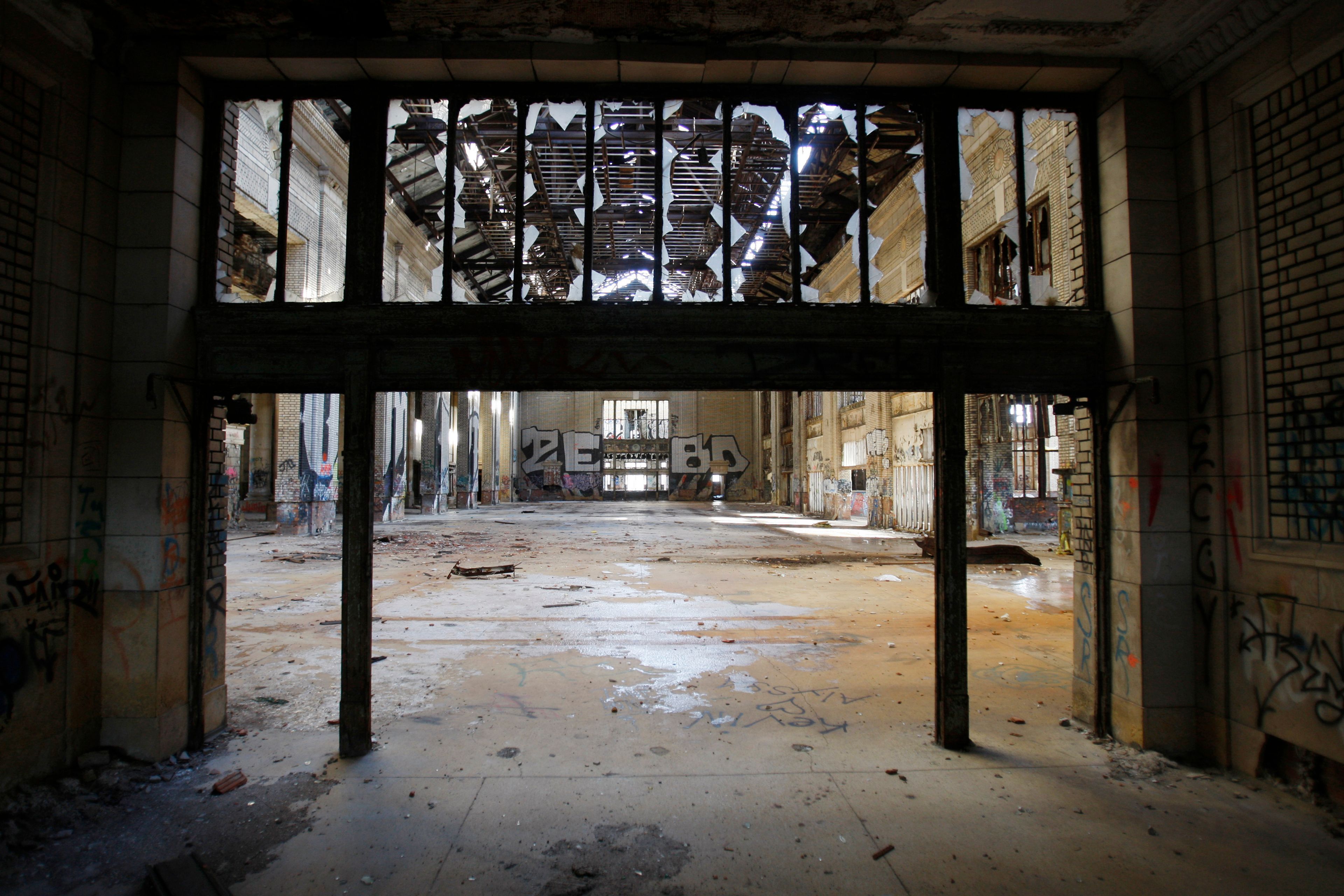 FILE- The interior of the Michigan Central Station is seen, Thursday, Jan. 21, 2010 in Detroit. A once hulking scavenger-ravaged monolith that symbolized Detroit's decline reopens this week after a massive six-year multimillion dollar renovation by Ford Motor Co., which restored the Michigan Central Station to its past grandeur with a focus squarely on the future of mobility.