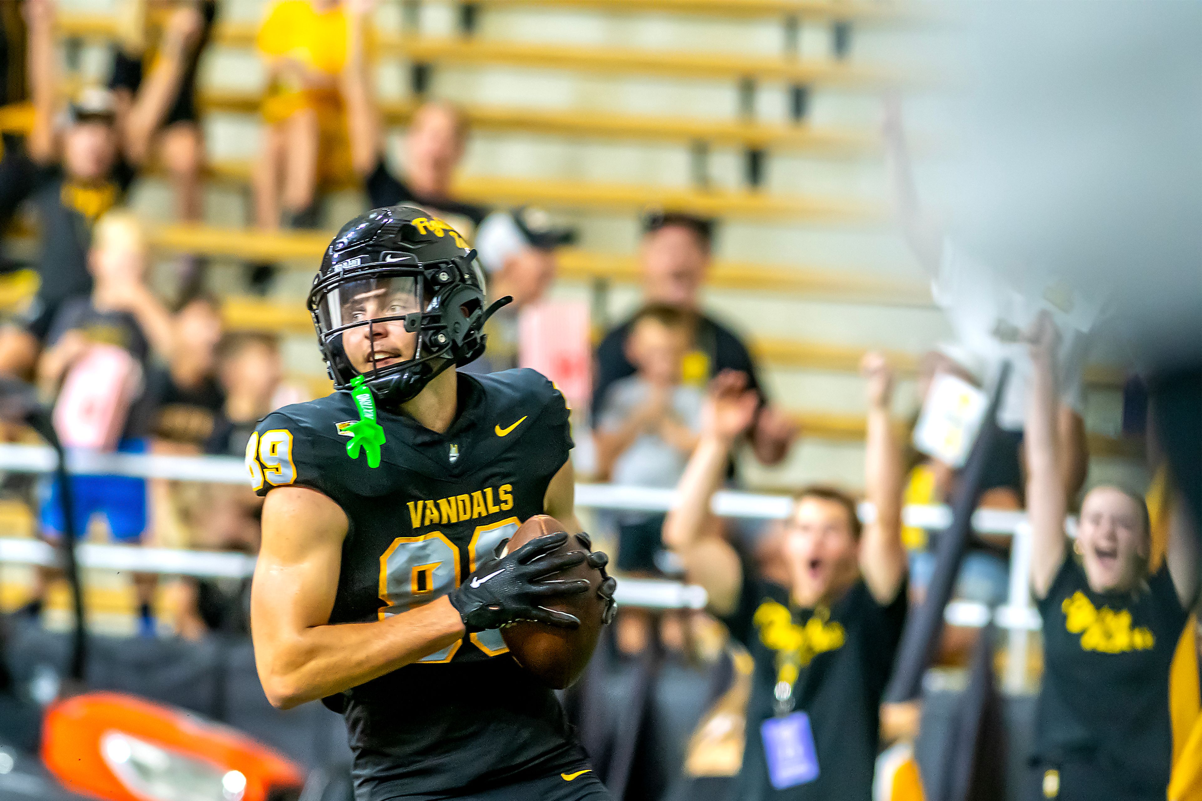 Idaho wide receiver Ryan Jezioro comes away with the ball on a catch for a touchdown against St. Thomas during a nonconference game Sept. 6 at the Kibbie Dome in Moscow.