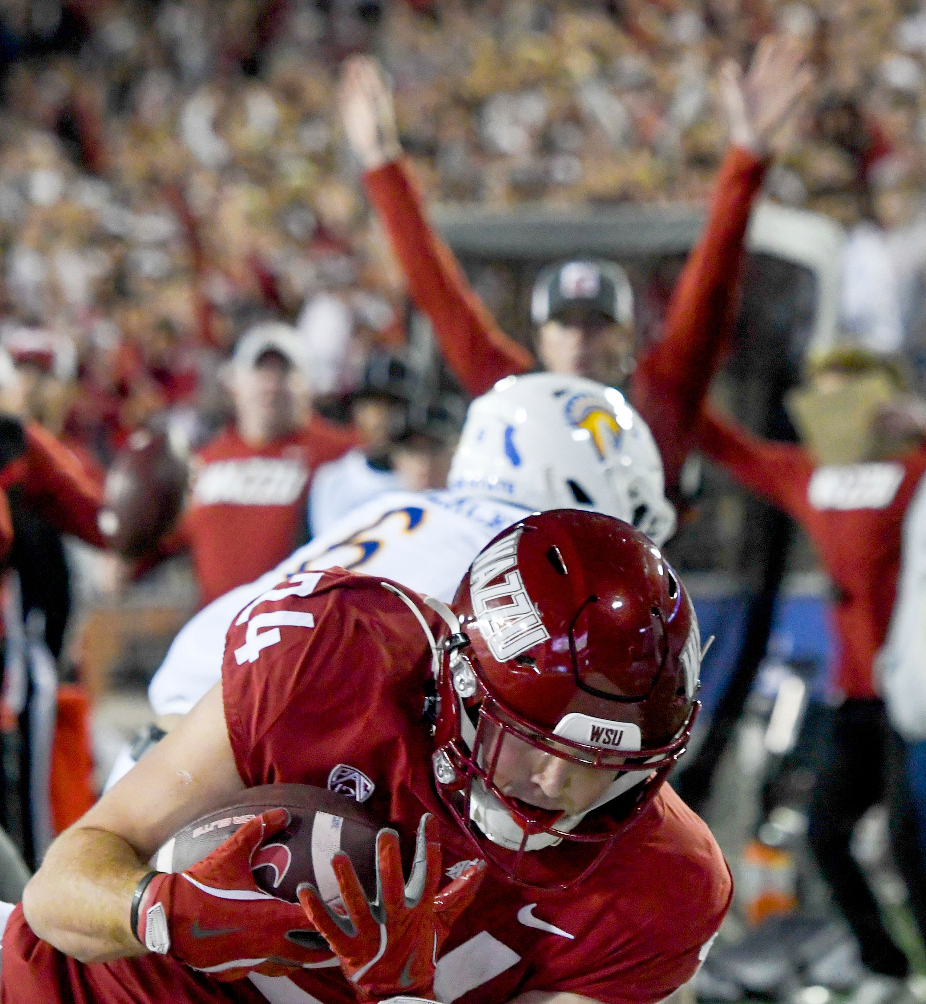 Washington State tight end Cooper Mathers makes a catch in the end zone for a Cougar touchdown against San Jose State on Sept. 20 in Pullman.

