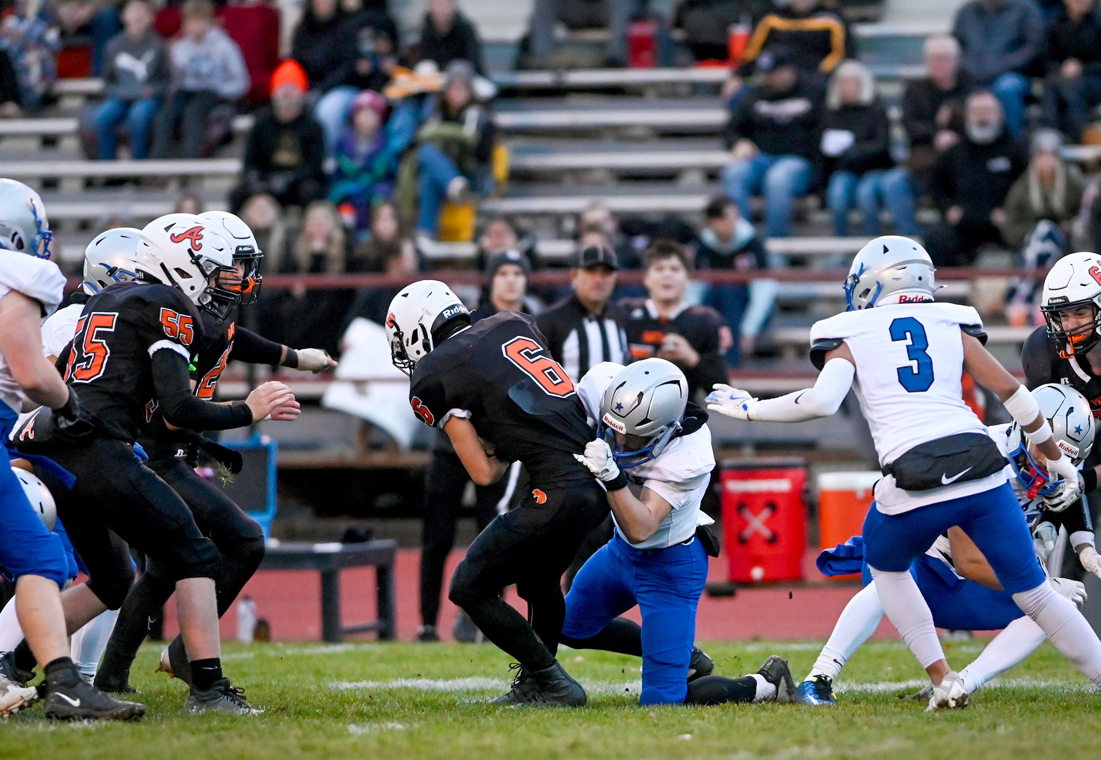 Asotin’s Peter Eggleston is tackled while carrying the ball  Saturday during a Washington 2B state tournament game against La Salle in Clarkston.