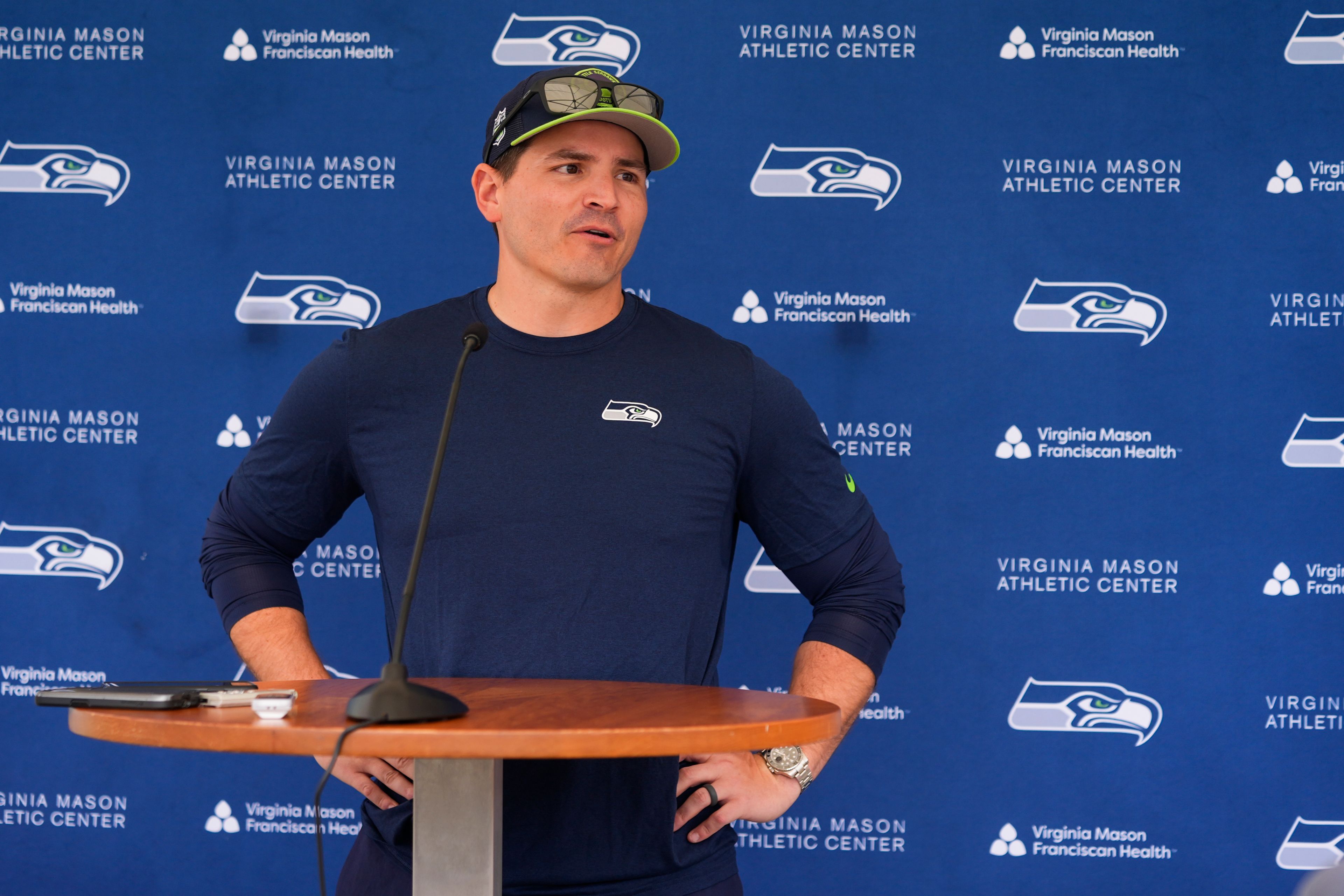 Seahawks coach Mike Macdonald answers media questions following the team's rookie minicamp Friday in Renton, Wash.