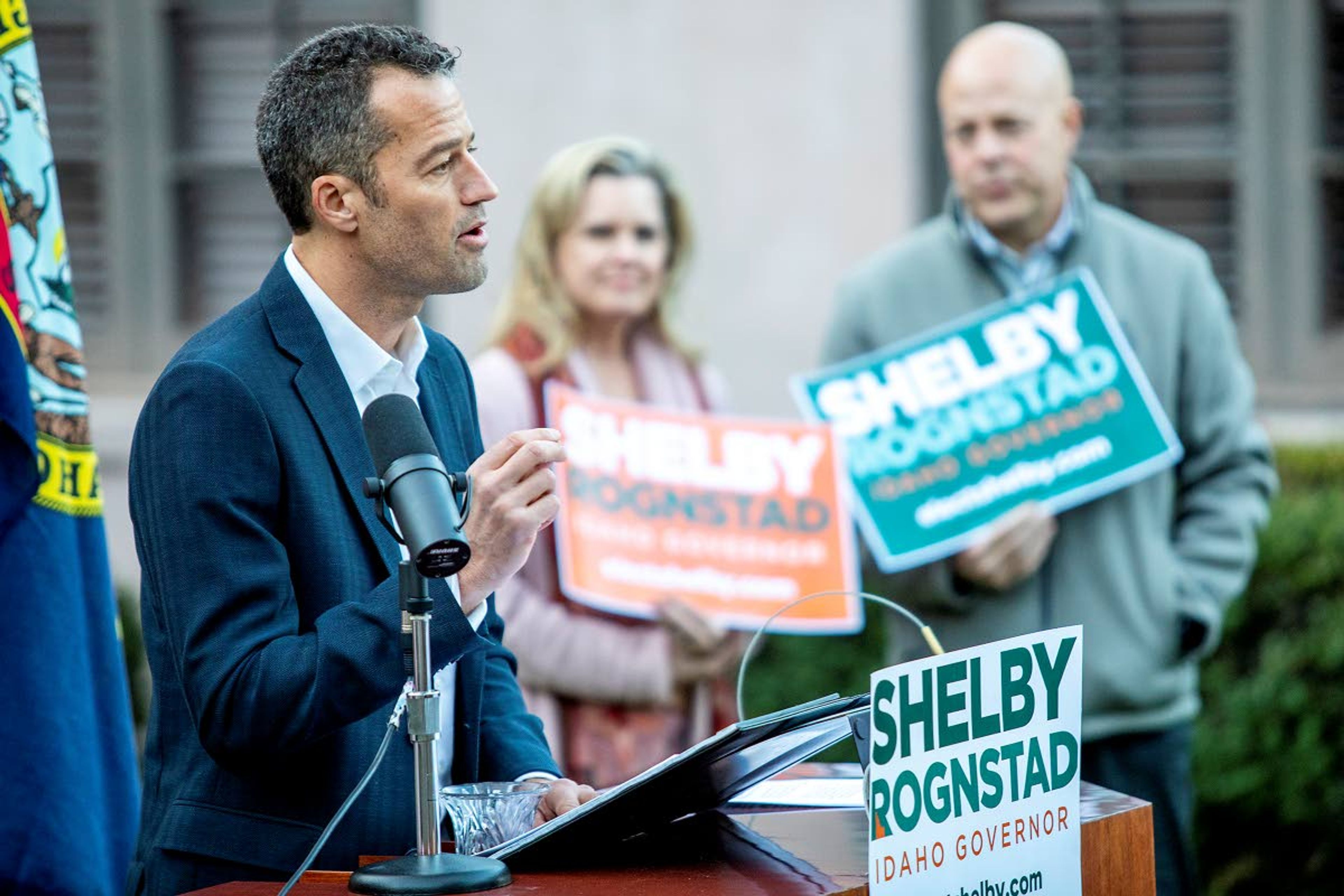 Shelby Rognstad announces his candidacy for Idaho governor Monday in front of the Lewis-Clark Hotel.