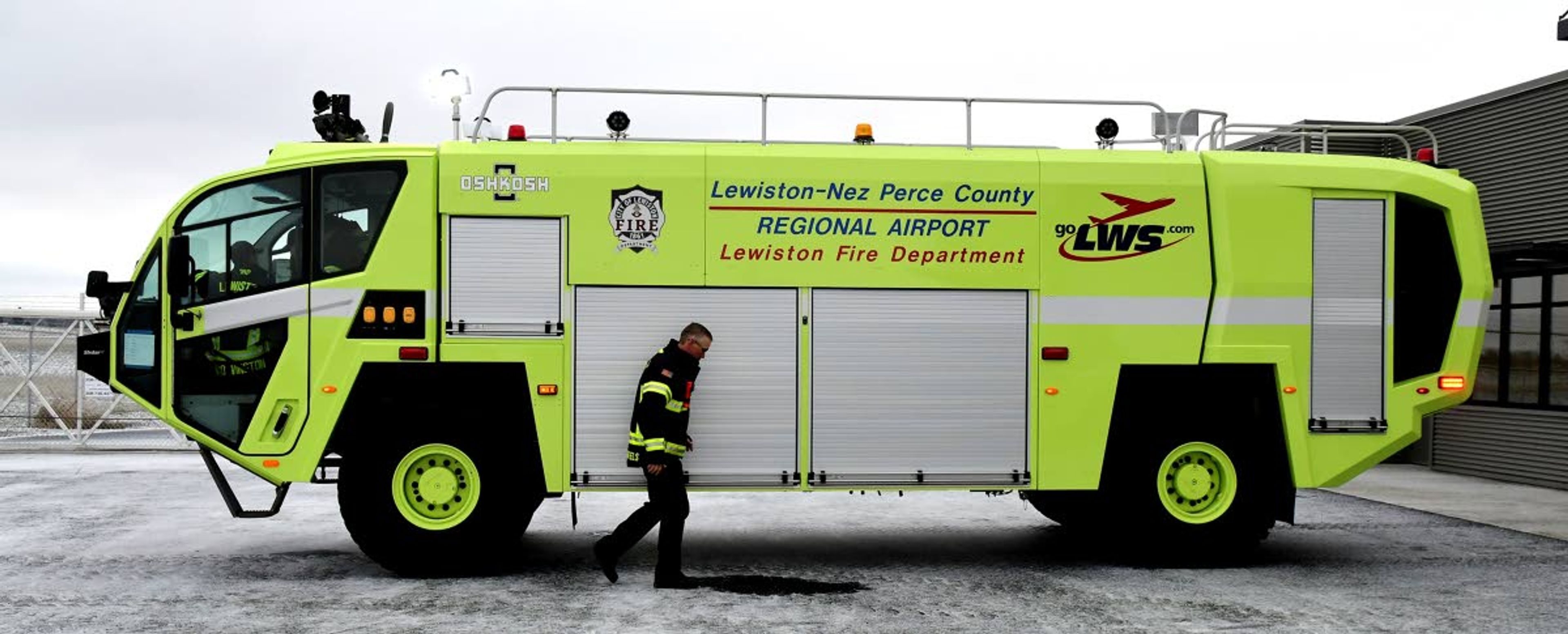 The new fire truck, an Oshkosh Global Striker, is stationed on the south side of the airport and looks a little like a spaceship.