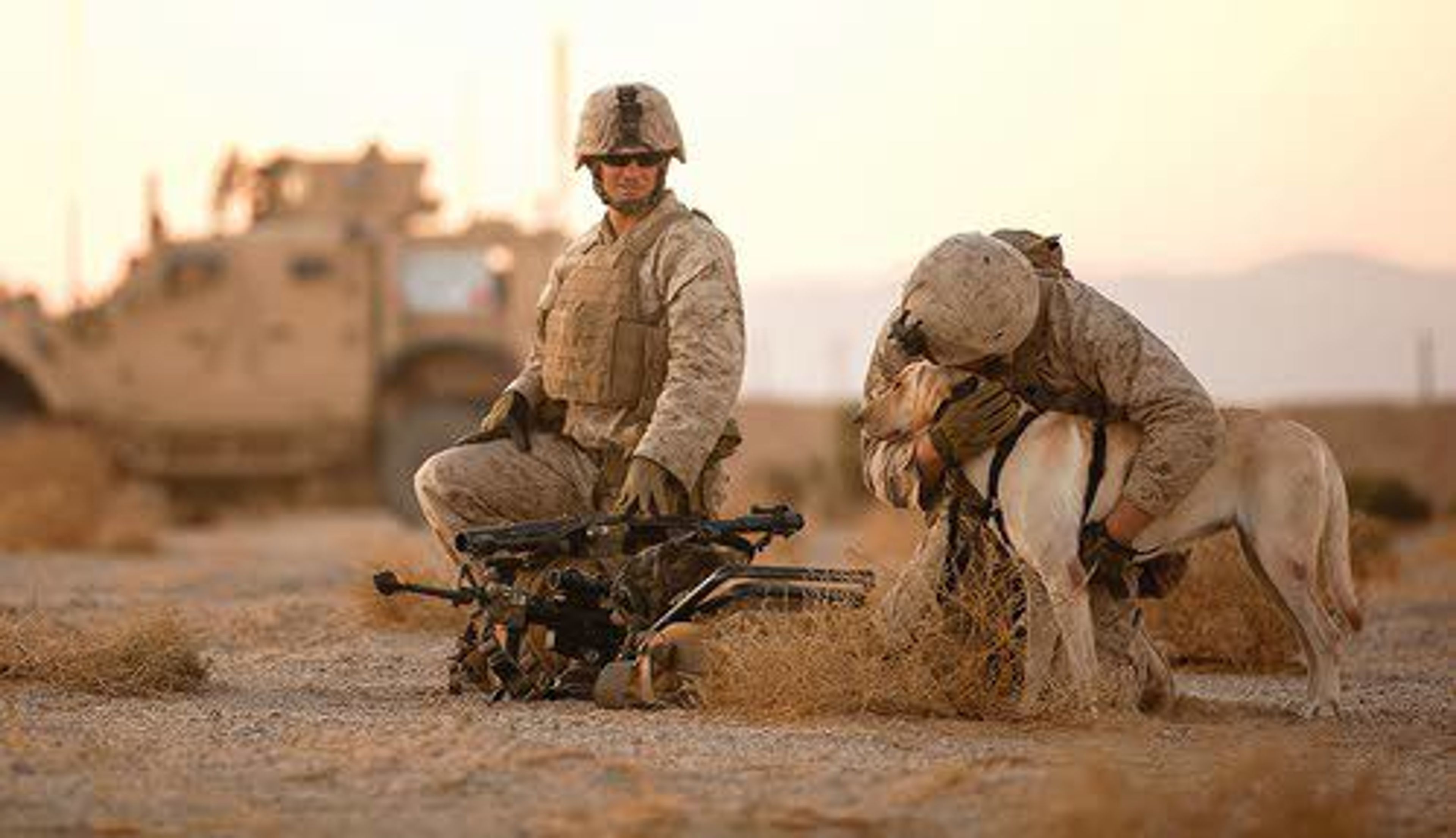 U.S. Marine Nick Montez hugs his bomb-sniffing dog, Mally, as fellow Marine Jared Hunter looks on in September 2011, during their last pre-deployment training exercise in California before shipping out to Afghanistan.