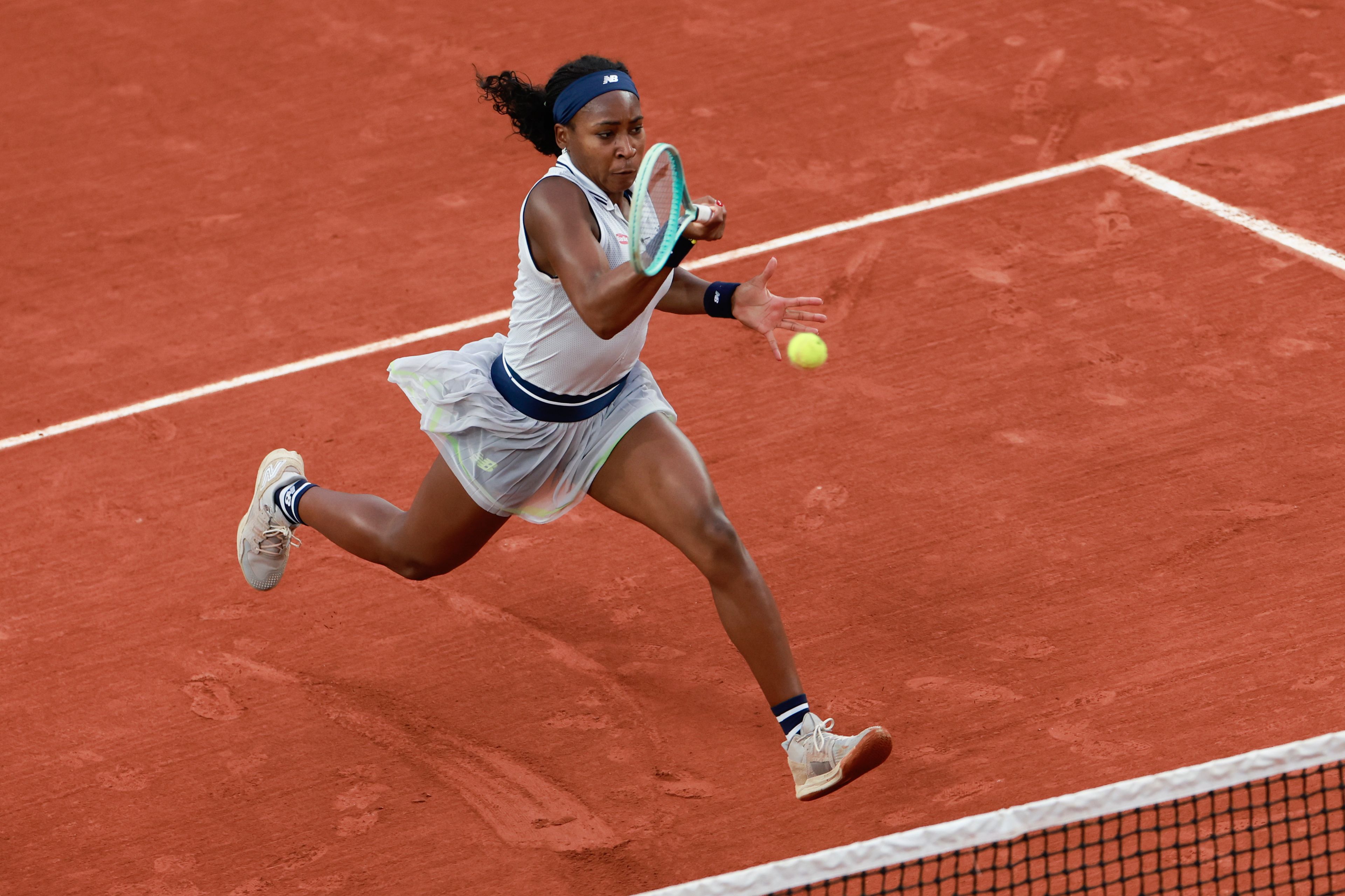 Coco Gauff of the U.S. plays a shot against Tamara Zidansek of Slovenia during their second round match of the French Open tennis tournament at the Roland Garros stadium in Paris, Wednesday, May 29, 2024.