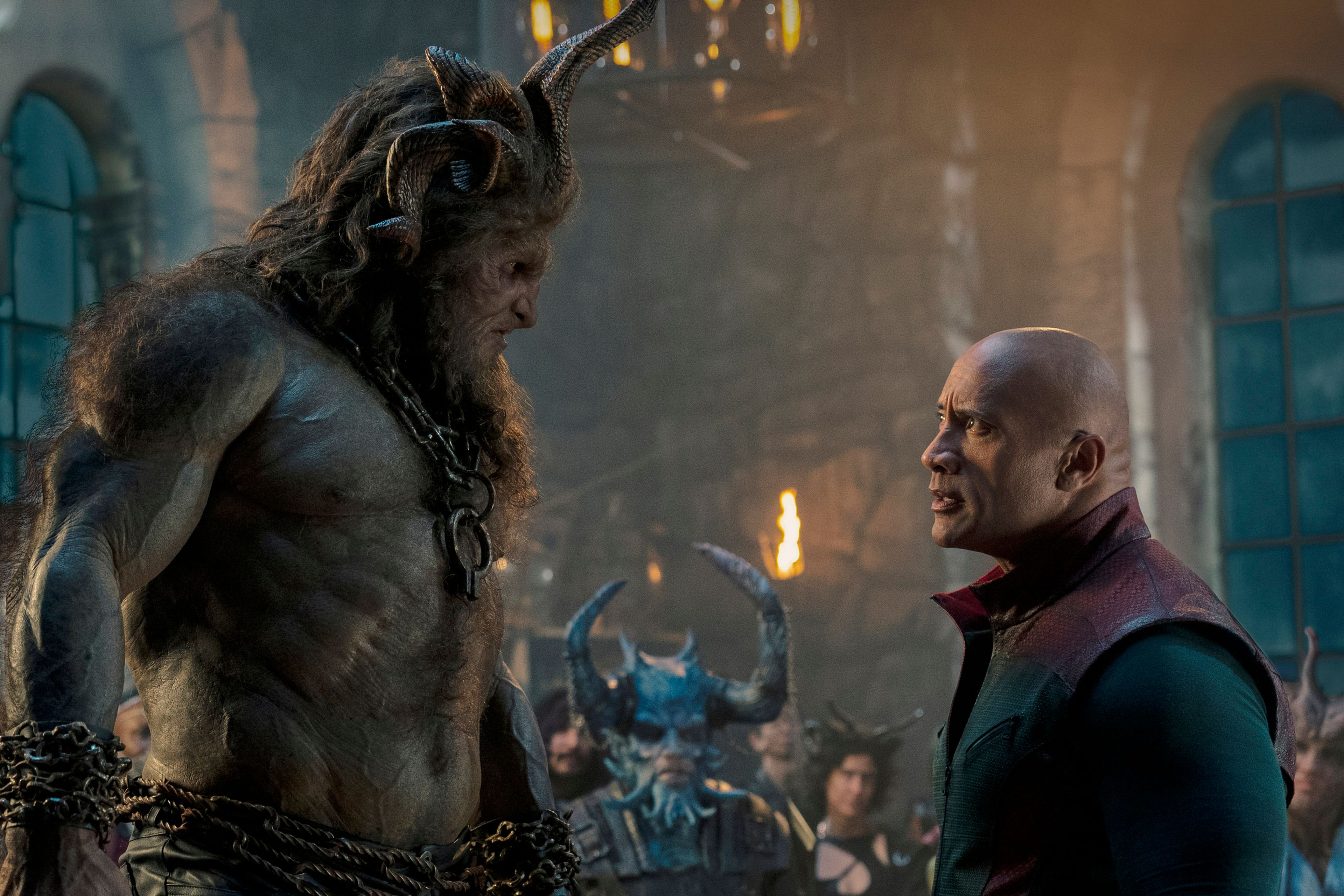 This image released by Prime shows Kristofer Hivju, left, and Dwayne Johnson in a scene from "Red One." 