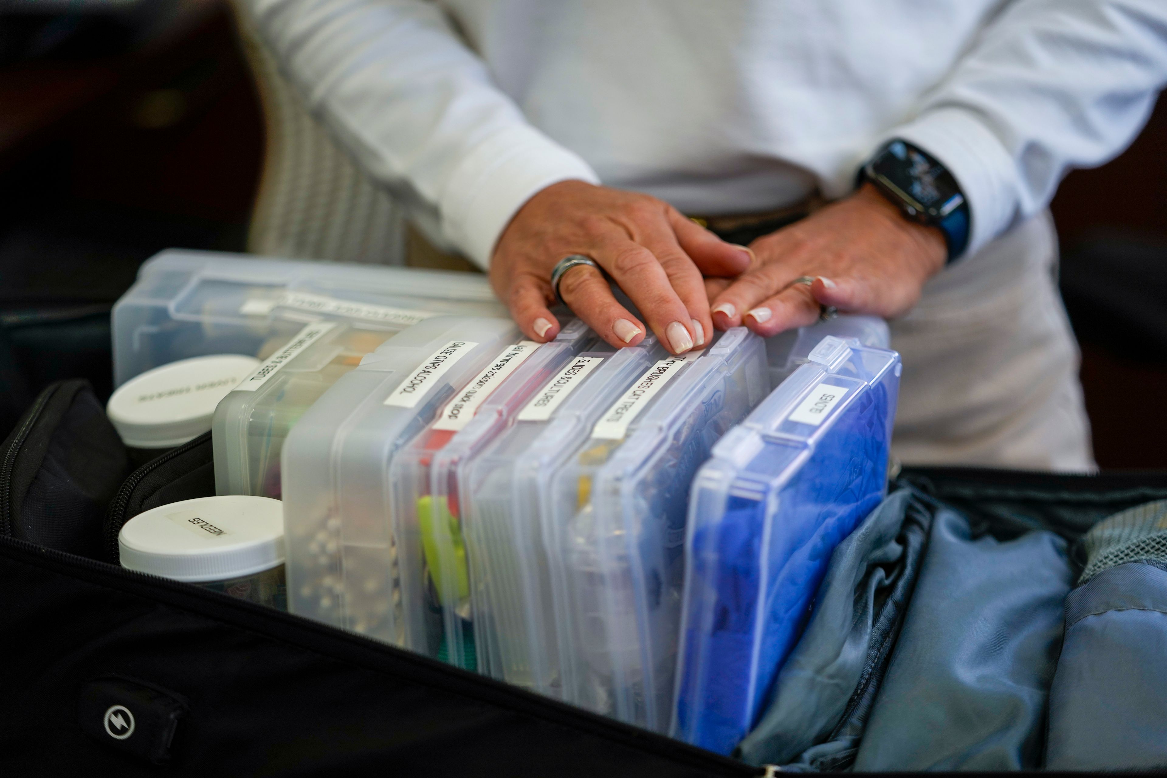 Dr. Amy Attas displays the equipment she takes with her during house calls while in her office at City Pets, Tuesday, April 23, 2024, in New York.