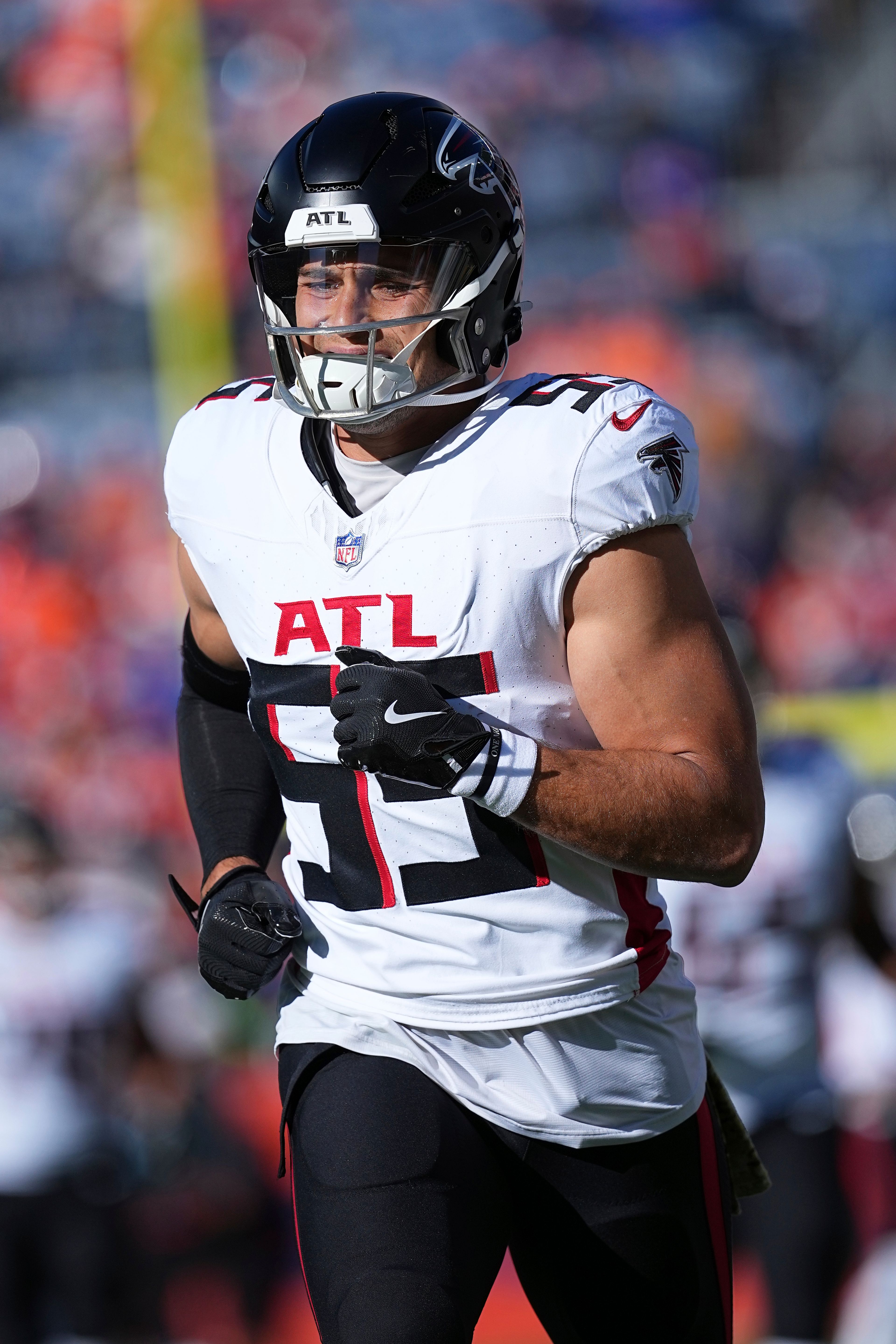 Atlanta Falcons linebacker Kaden Elliss (55) prior to the game against the Denver Broncos during an NFL football game, Sunday, Nov. 17, 2024 in Denver. (AP Photo/Bart Young)