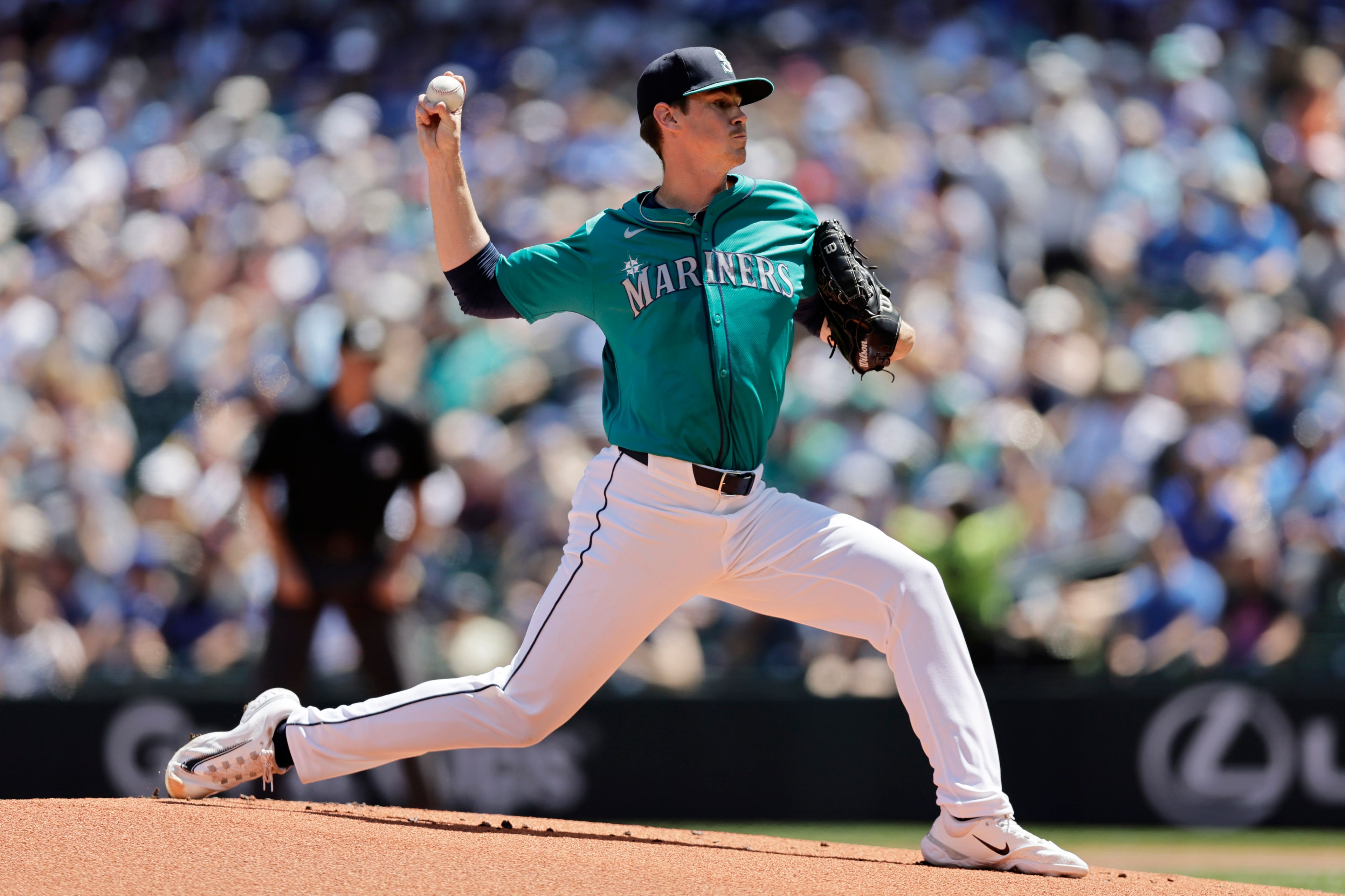 Seattle Mariners starting pitcher Emerson Hancock throws to a Toronto Blue Jays batter during the first inning in a baseball game, Saturday, July 6, 2024, in Seattle. (AP Photo/John Froschauer)