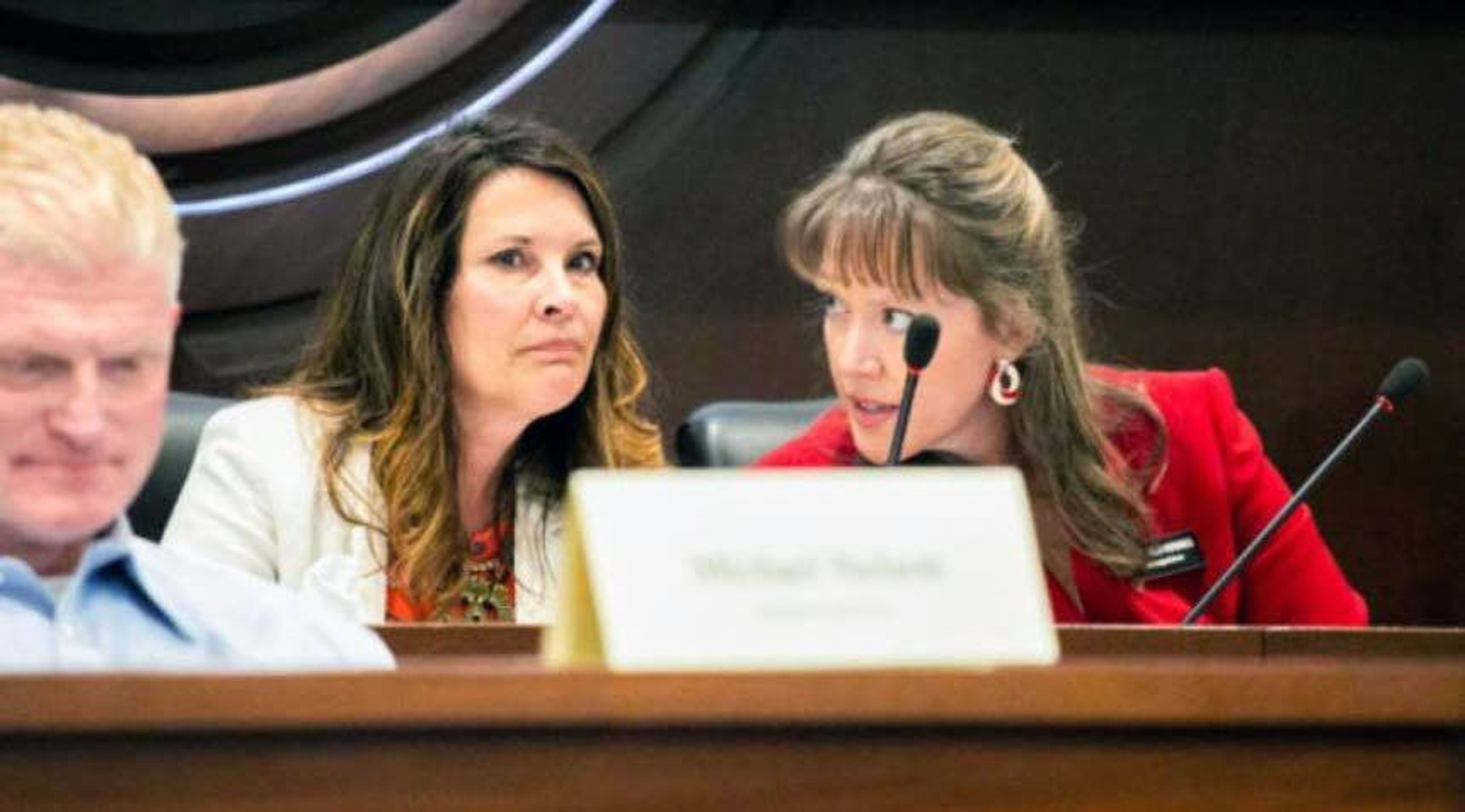 Lt. Gov. Janice McGeachin, left, and Rep. Priscilla Giddings speak during last week’s Education Task Force meeting at the Idaho Capitol.