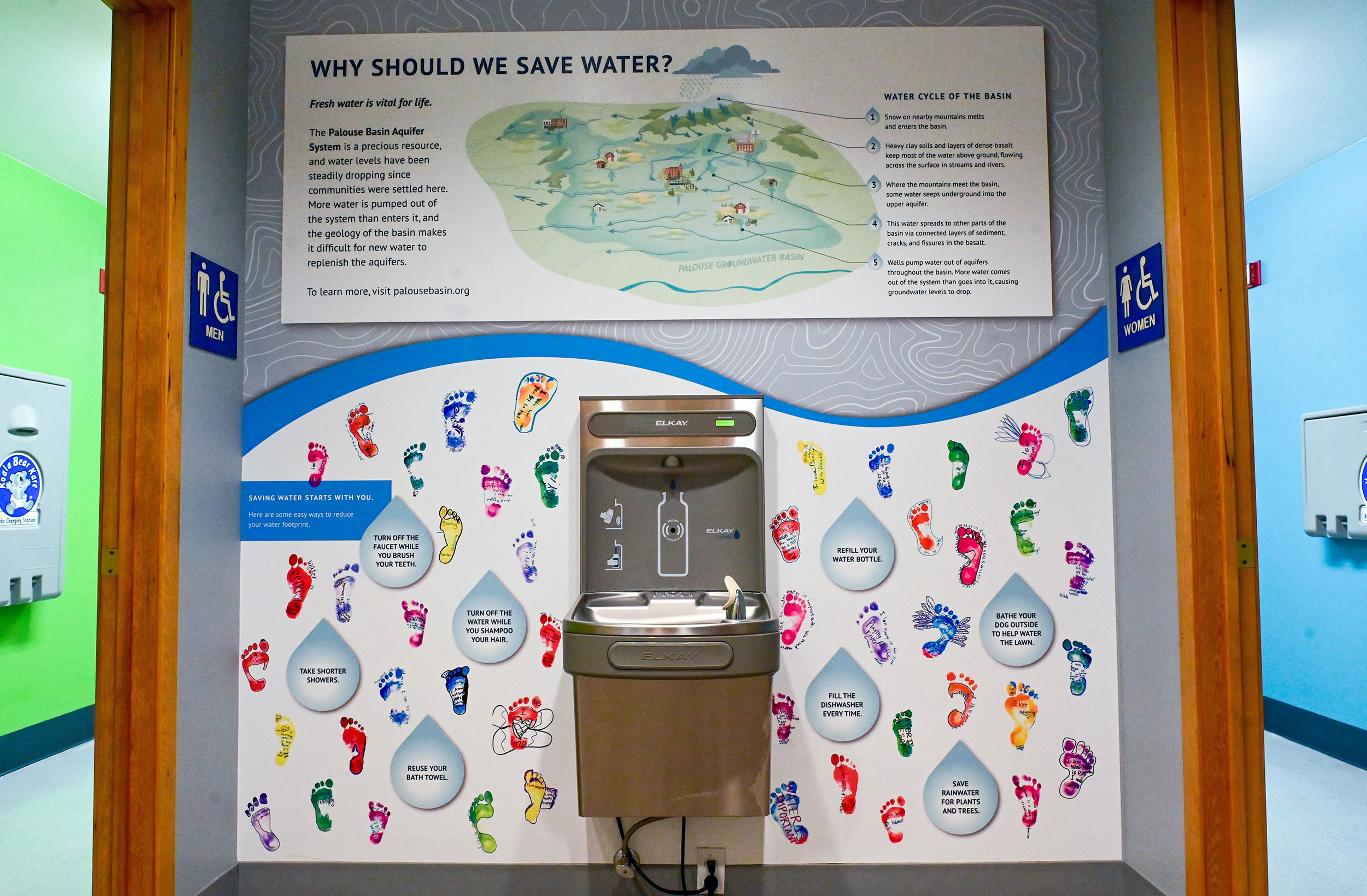 A new display educating visitors on the importance of water systems and conservation fills walls near the bathrooms and water bottle-filling station at the Palouse Discovery Science Center on Wednesday in Pullman.