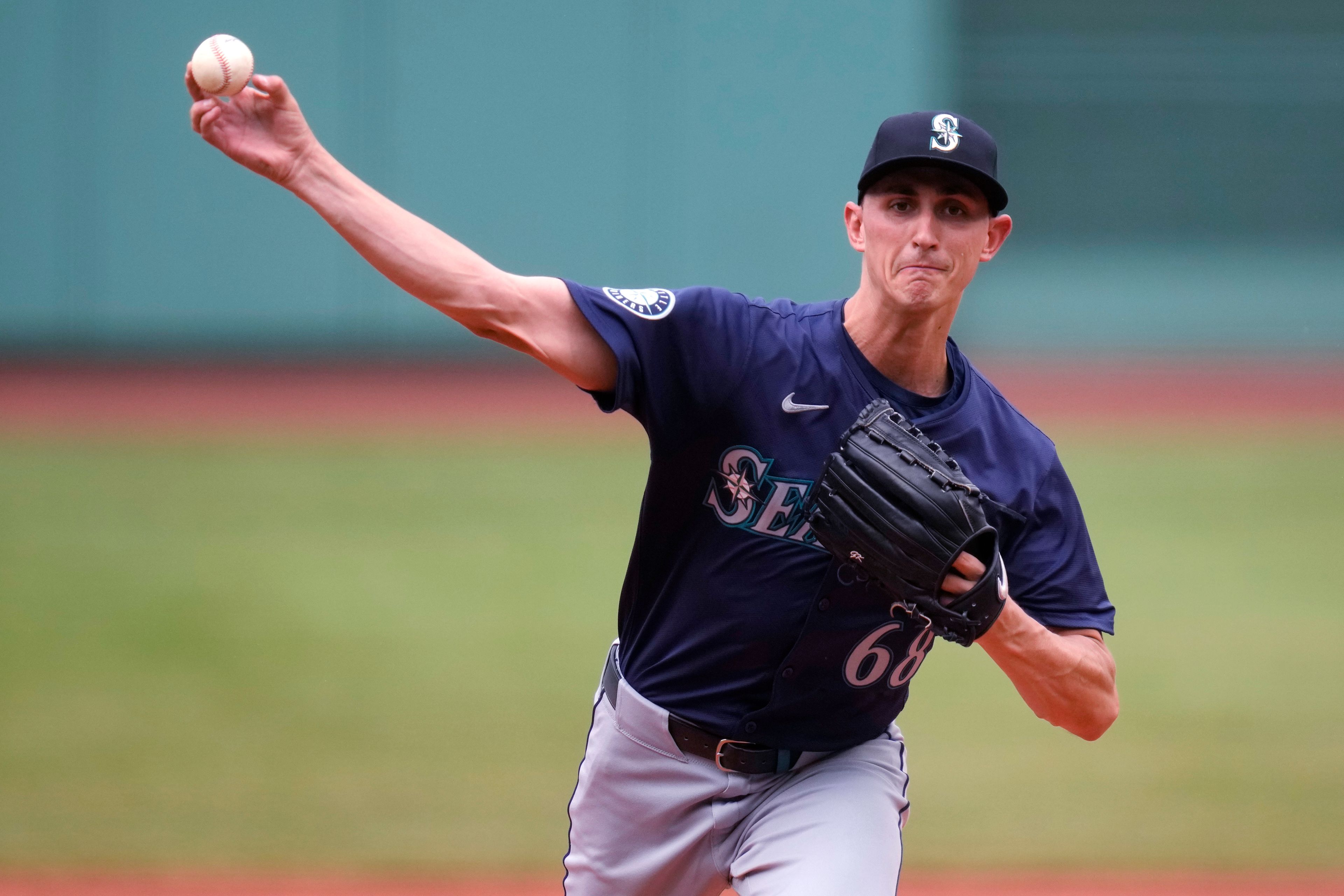 Seattle Mariners pitcher George Kirby delivers during the first inning of a baseball game against the Boston Red Sox, Wednesday, July 31, 2024, in Boston. (AP Photo/Charles Krupa)