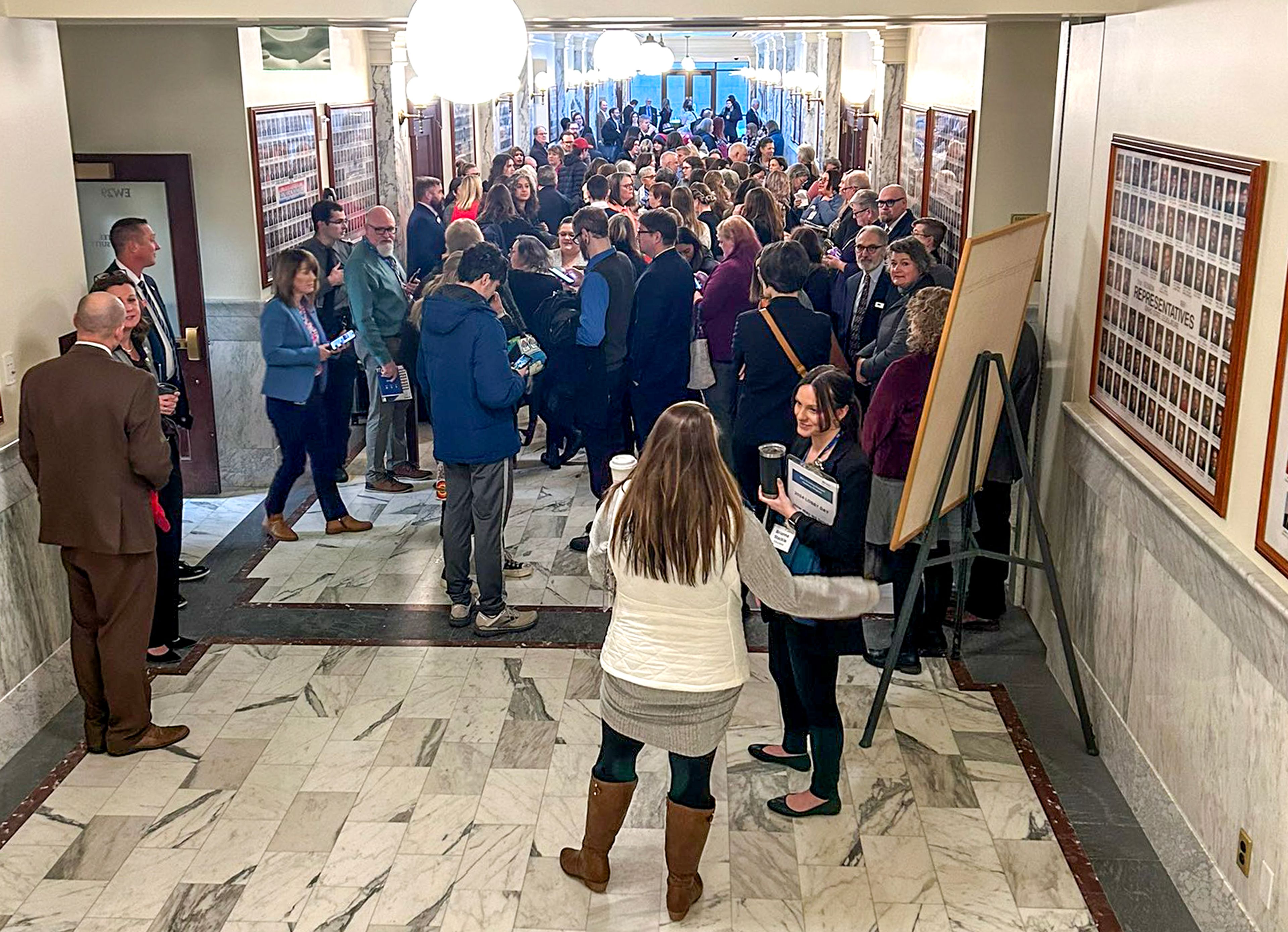 A crowd forms outside the room for a public hearing on the “harmful materials in libraries bill” Monday at the State Capital in Boise.