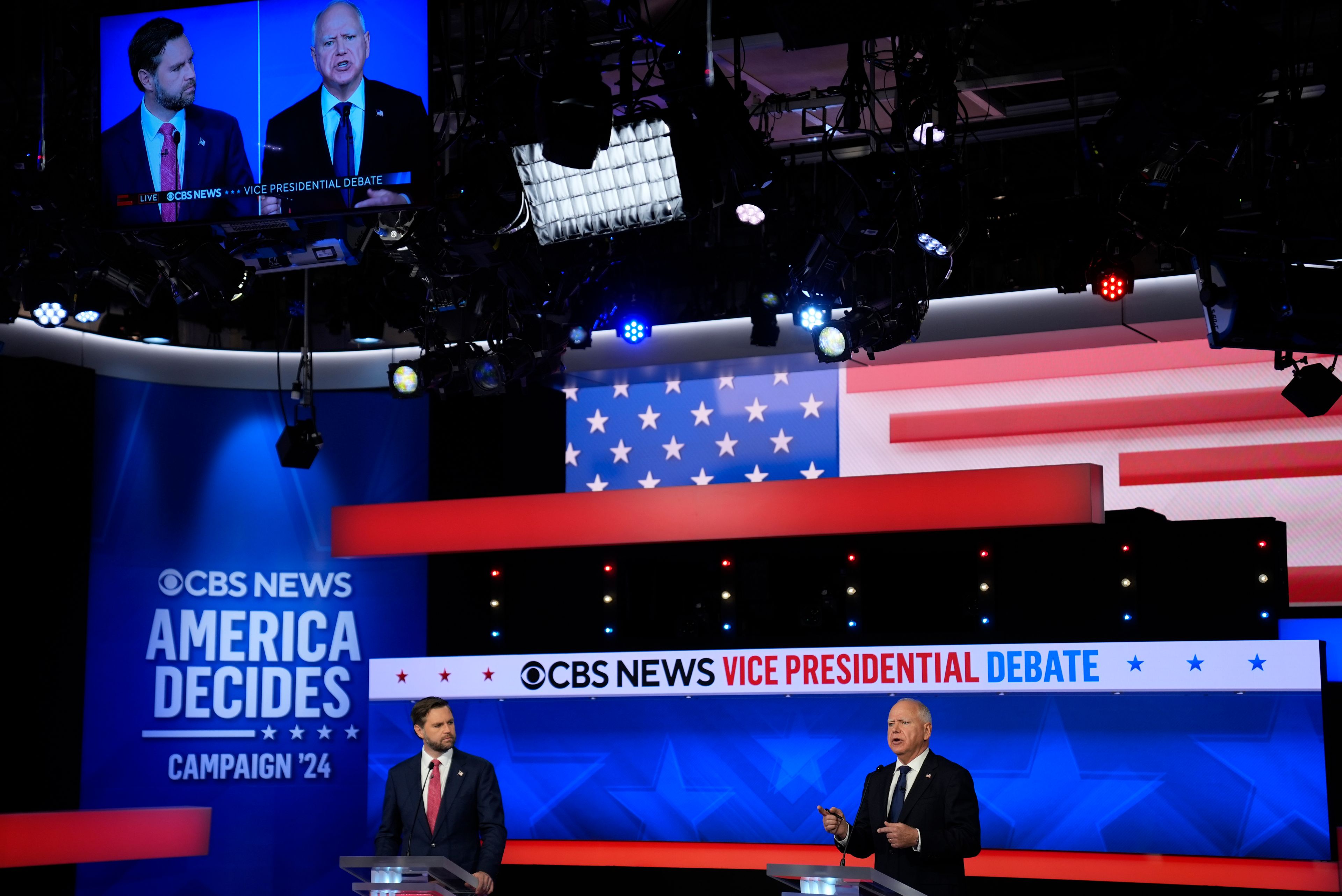 Democratic vice presidential nominee Minnesota Gov. Tim Walz speaks during a vice presidential debate hosted by CBS News, with Republican vice presidential nominee Sen. JD Vance, R-Ohio, Tuesday, Oct. 1, 2024, in New York. (AP Photo/Matt Rourke)