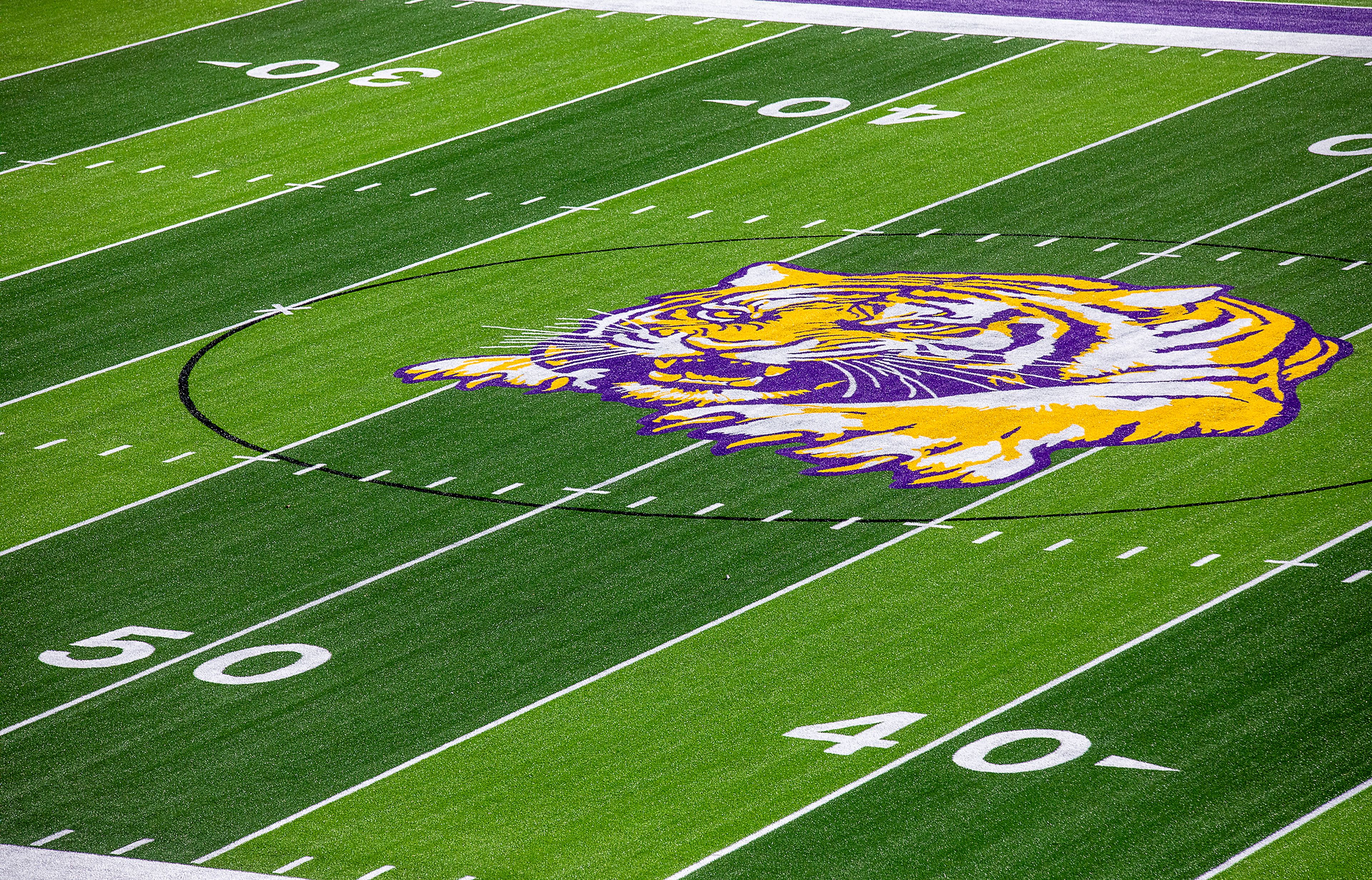 The Bengal logo at the center of Lewiston High School�s new football field is pictured Thursday.