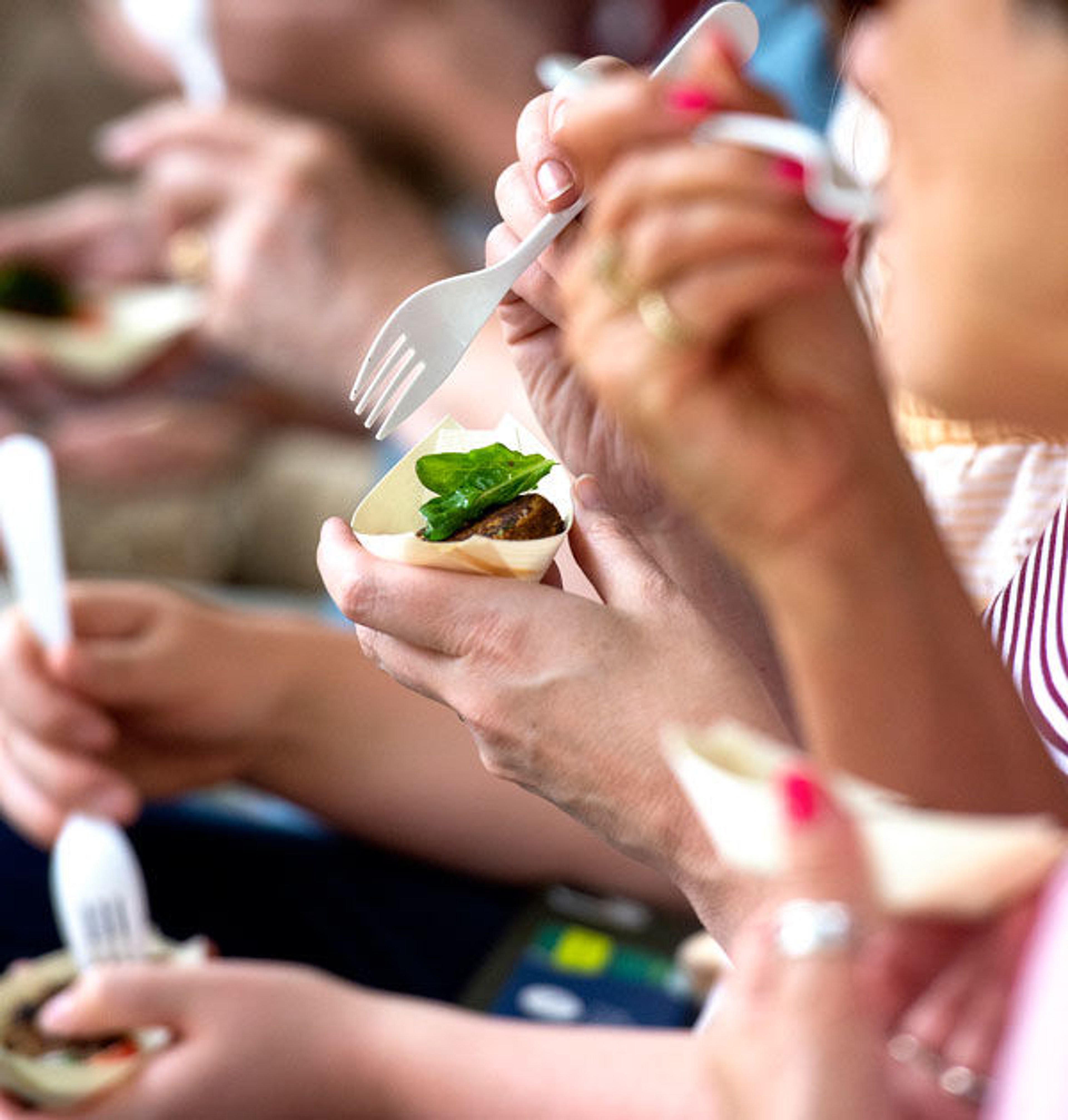 People taste samples of the Moroccan lentil and sweet potato cakes with arugula-cherry tomato salad that was part of a live cooking demo by Jamie Callison, executive chef in the WSU School of Hospitality Business Management, on Saturday at the National Lentil Festival in Pullman.