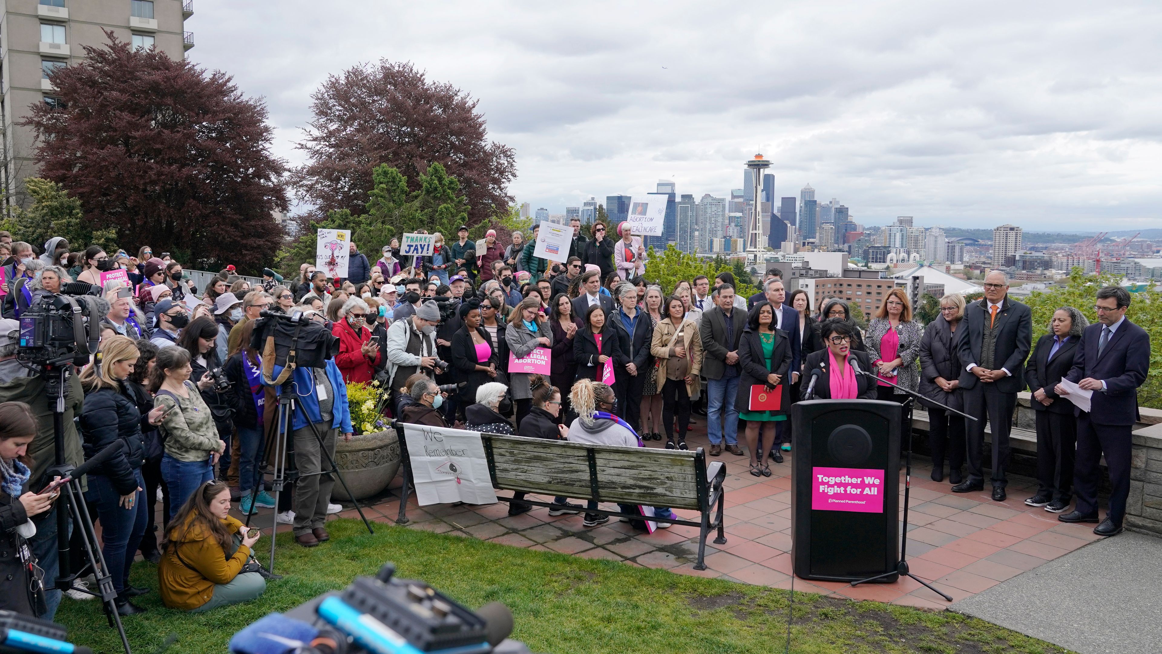 Jennifer Martinez, board president of Planned Parenthood Alliance Advocates, speaks Tuesday, May 3, 2022, at a rally at a park overlooking Seattle. Martinez joined Washington Gov. Jay Inslee and other officials and supporters who gathered to say that Washington state would remain a pro-choice state and that women would continue to be able to access safe and affordable abortions. (AP Photo/Ted S. Warren)