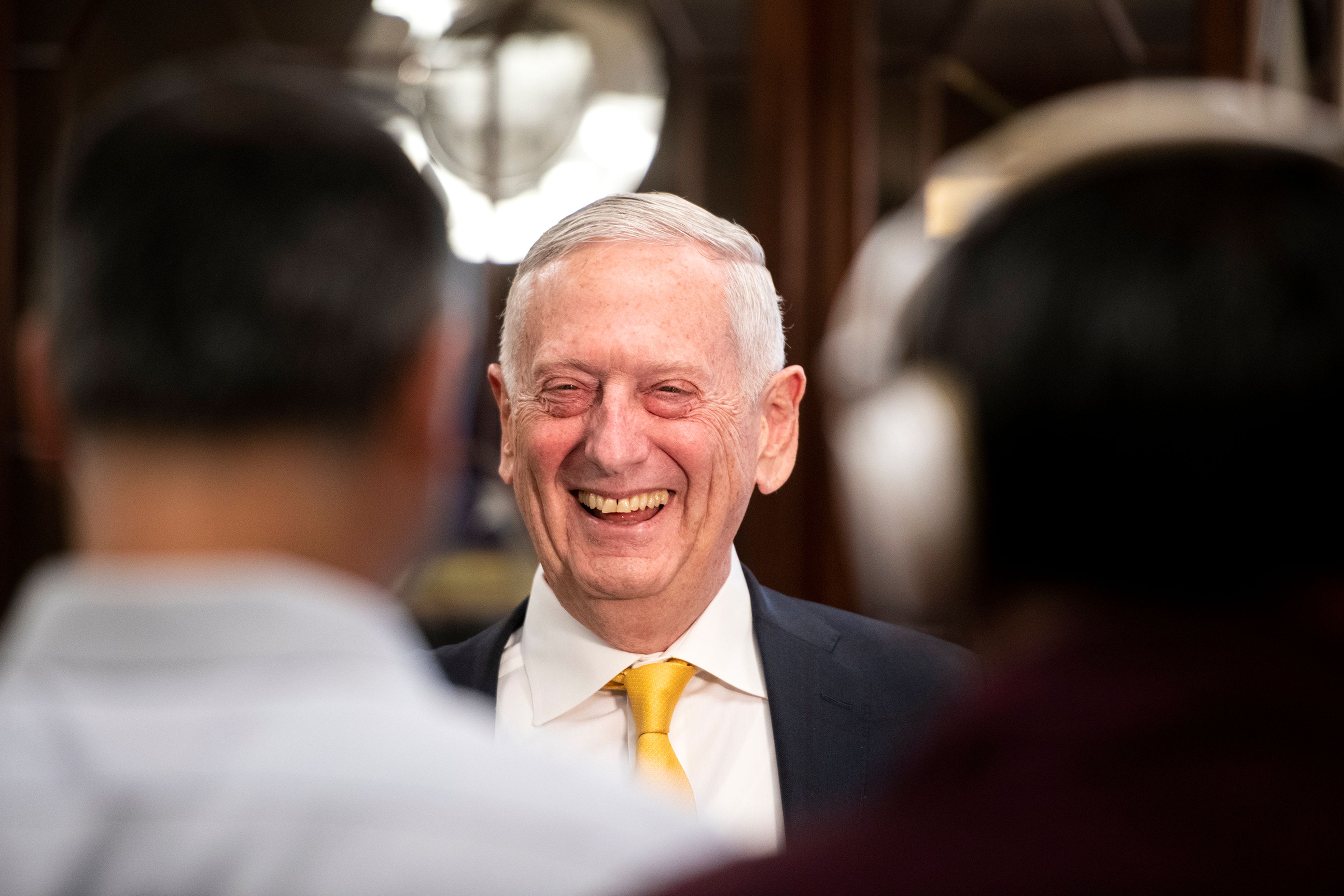 Former U.S. Secretary of Defense James Mattis speaks with members of the news media in Washington State University’s Bryan Hall.