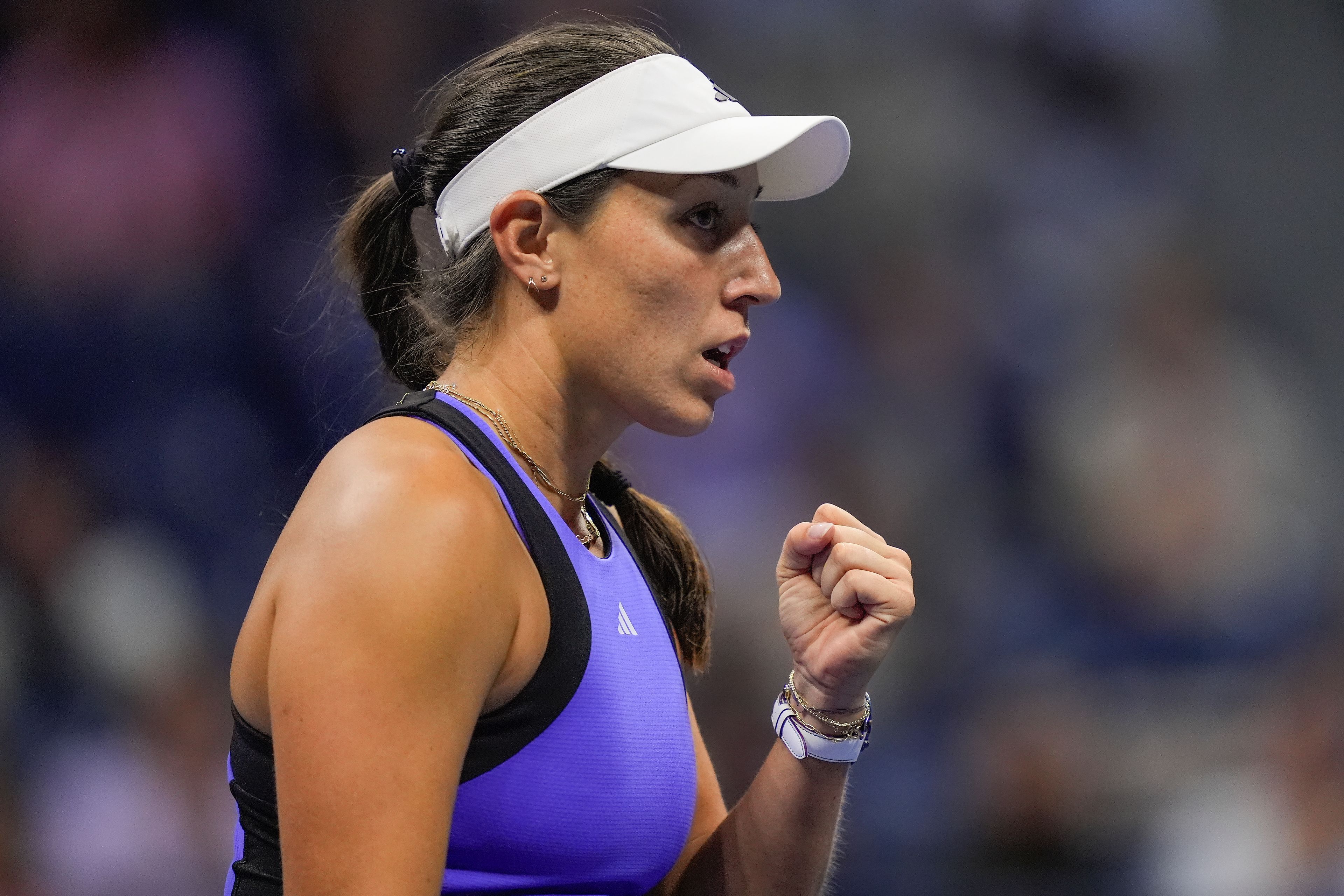 Jessica Pegula, of the United States, reacts after scoring a point against Karolina Muchova, of the Czech Republic, during the women's singles semifinals of the U.S. Open tennis championships, Thursday, Sept. 5, 2024, in New York.