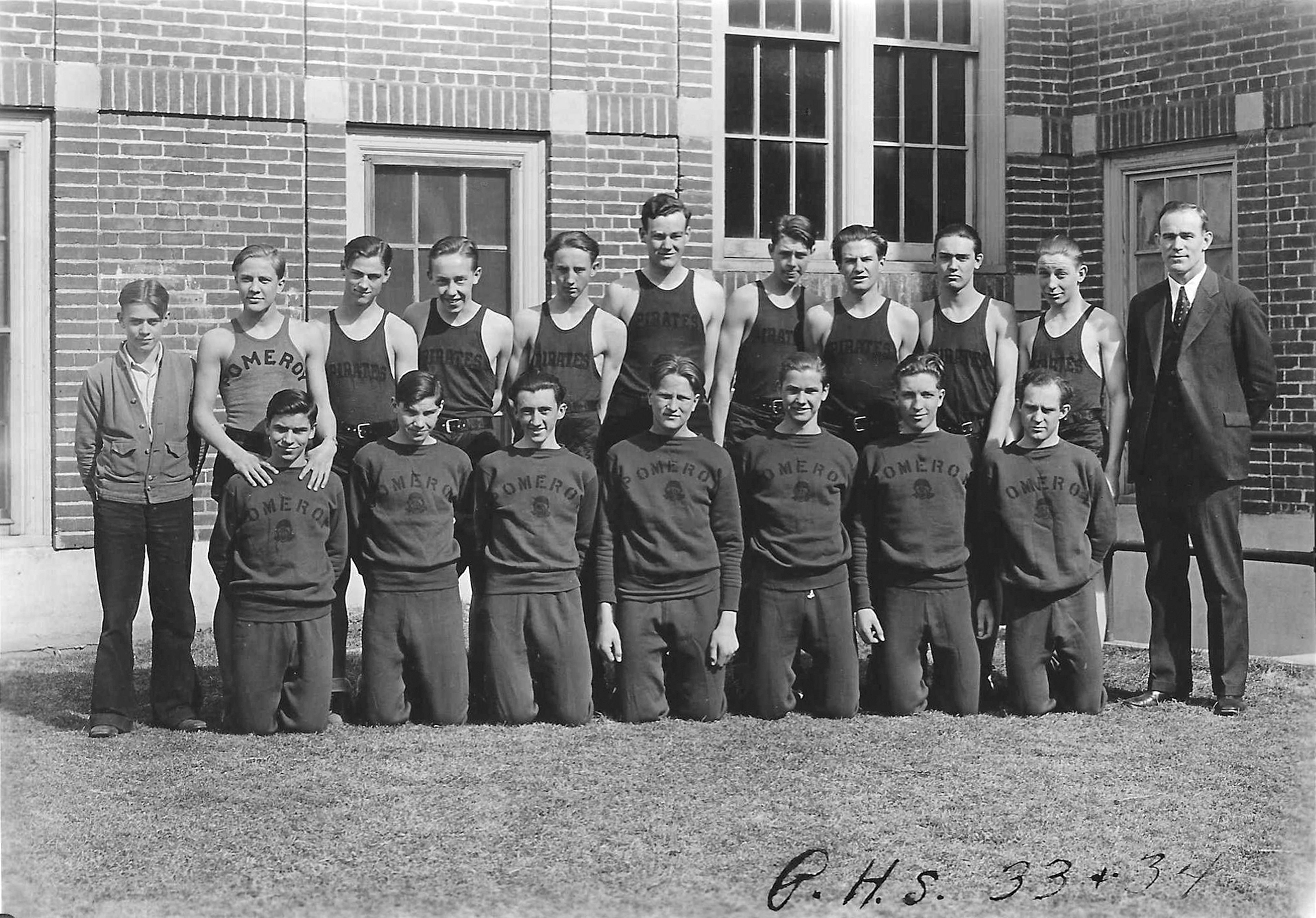 Several years into the Great Depression, the Pomeroy High School Pirates boys basketball team gathered outdoors at the school for a group photo during the 1933-34 season. Pictured are, front row from left: Floyd Porter, forward; Tom Johnson, guard; Jack Bowman, guard; James Schaffer, guard; Bob Christianson, guard; James Weimer, forward; Merle Ruark, guard; back row: Harley Van Ausdle, team manager; Pete Bue, forward; Bill Caldwell, forward; Bob Sparkman, forward; Glen Ruark, forward; Bill Woods, guard; Wayne Keatts, forward; Frank Hall, Coach. This photo was submitted by Barbara DeHerrera, of Pomeroy, the daughter of Porter. Readers who would like to share their historical photos (20 years or older) from throughout the region may do so by emailing them to blasts@lmtribune.com or submitting them to: Blast from the Past, P.O. Box 957, Lewiston, ID 83501. Questions? Call Jeanne M. DePaul at (208) 848-2221.