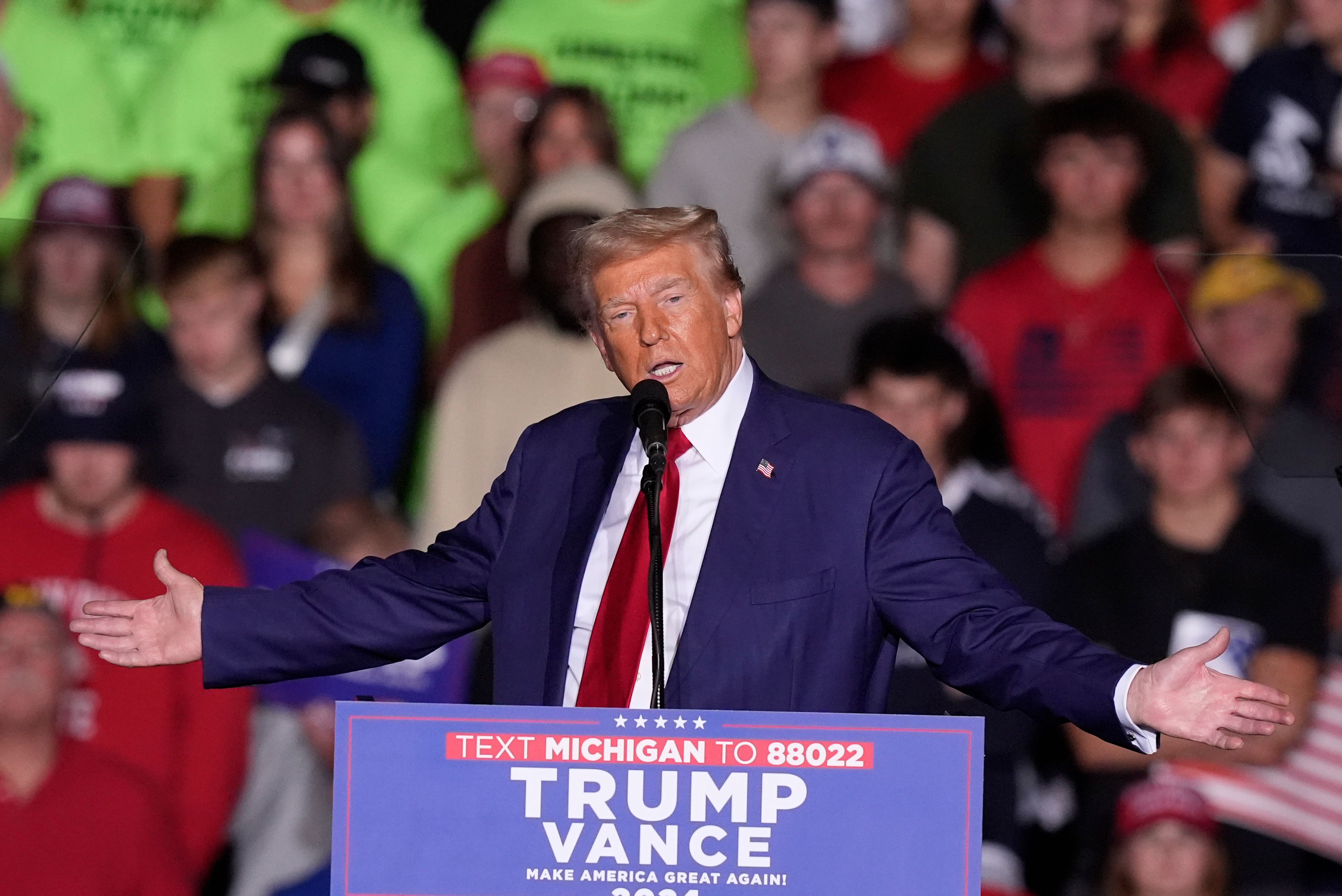 Republican presidential nominee former President Donald Trump speaks at a campaign event at the Ryder Center at Saginaw Valley State University, Thursday, Oct. 3, 2024, in University Center, Mich. (AP Photo/Carlos Osorio)