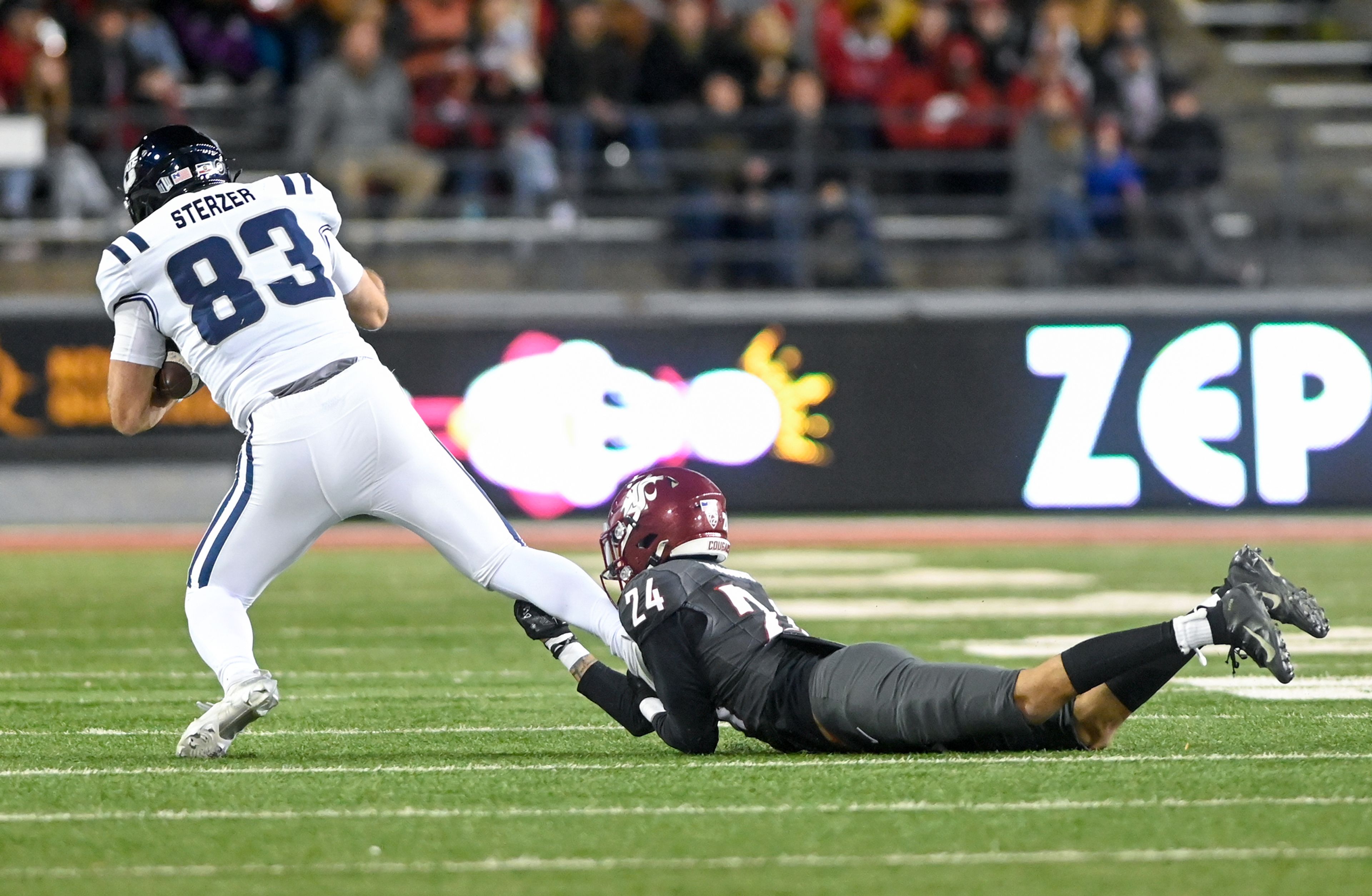 Washington State defensive back Ethan O'Connor (24) holds on to Utah State tight end Josh Sterzer (83) for a tackle Saturday at Gesa Field in Pullman.