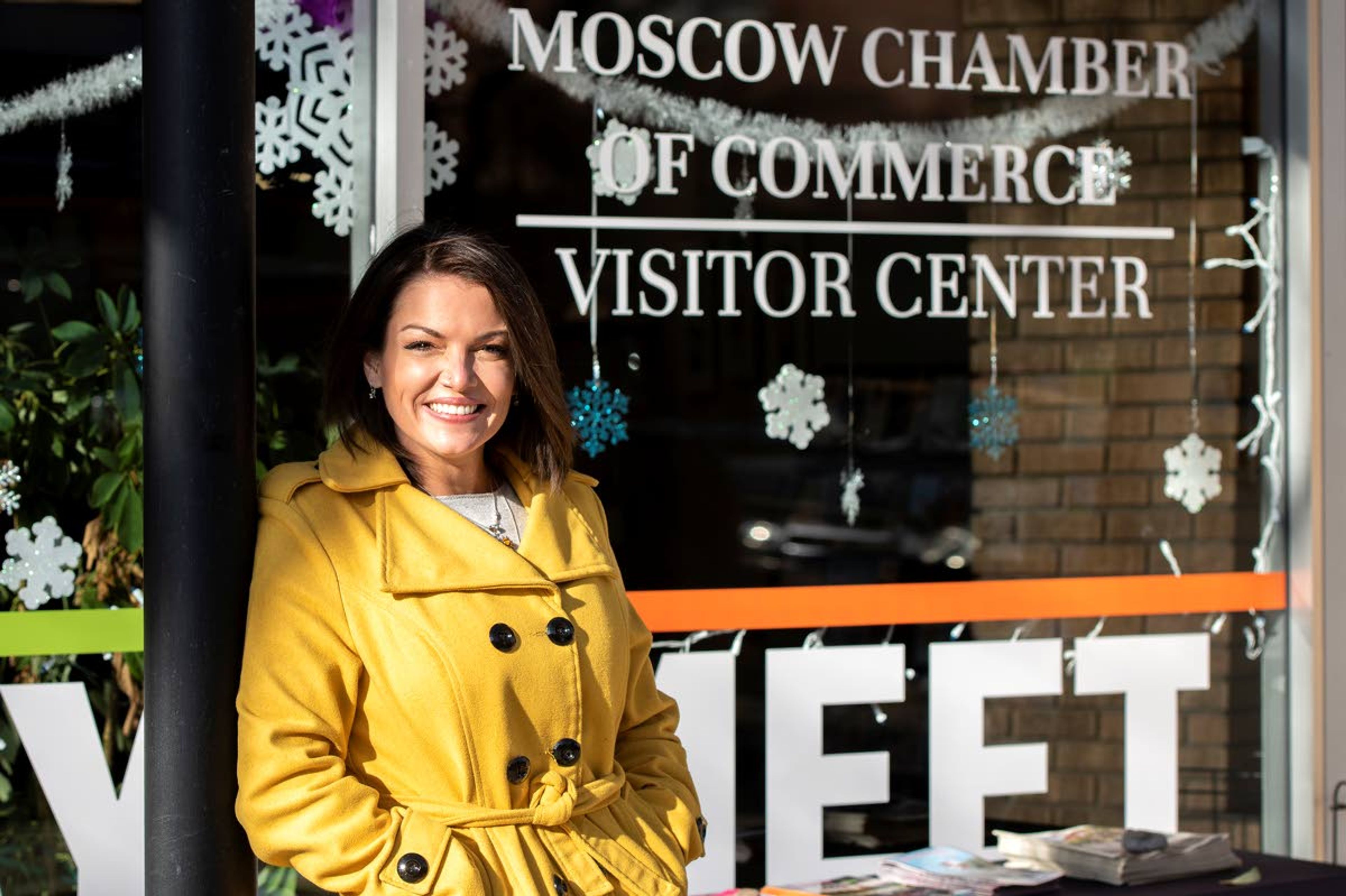 Samantha Martinet, the new executive director of the Moscow Chamber of Commerce, poses for a photo outside of the chamber’s downtown headquarters on a sunny Thursday morning. Martinet will take over the position at the start of next week.