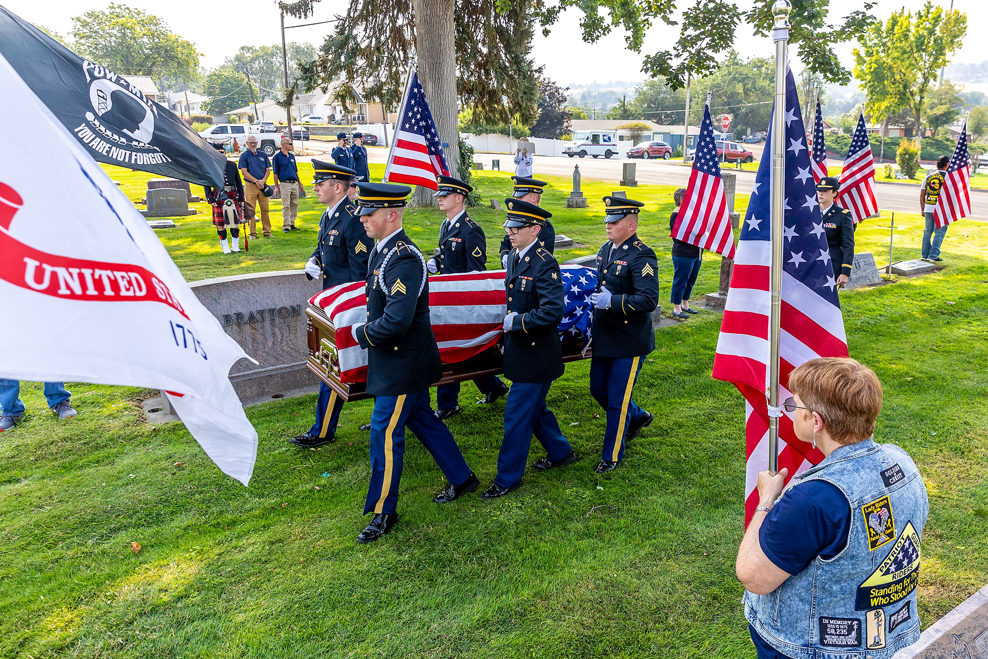 The casket of Allan Knepper is carried towards his final resting place Thursday at the Normal Hill Cemetery in Lewiston. Second Lt. Allan Knepper's plane was shot down in Italy during World War II over 80 years ago and his remains not recovered until last summer.