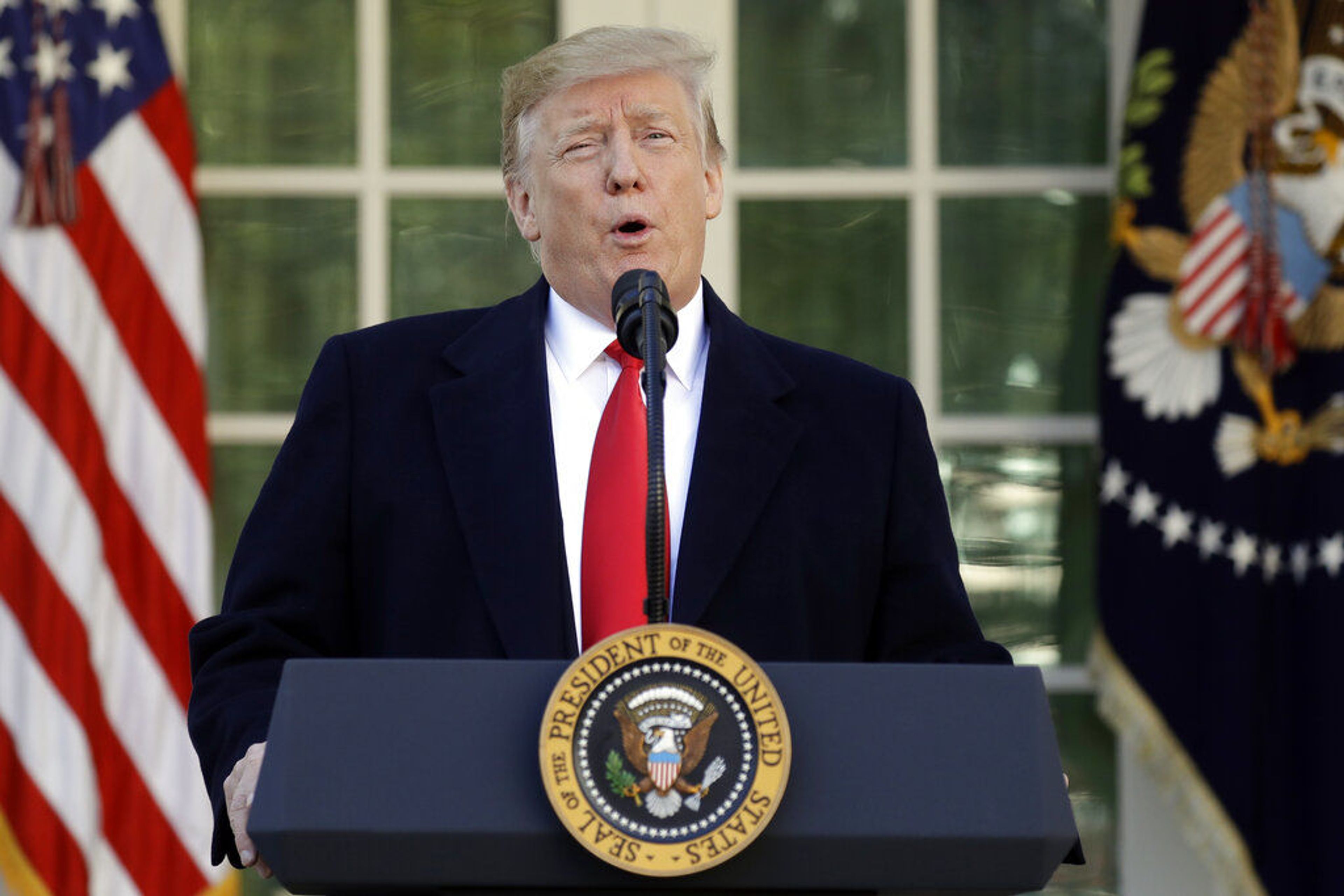 President Donald Trump speaks in the Rose Garden of the White House today.