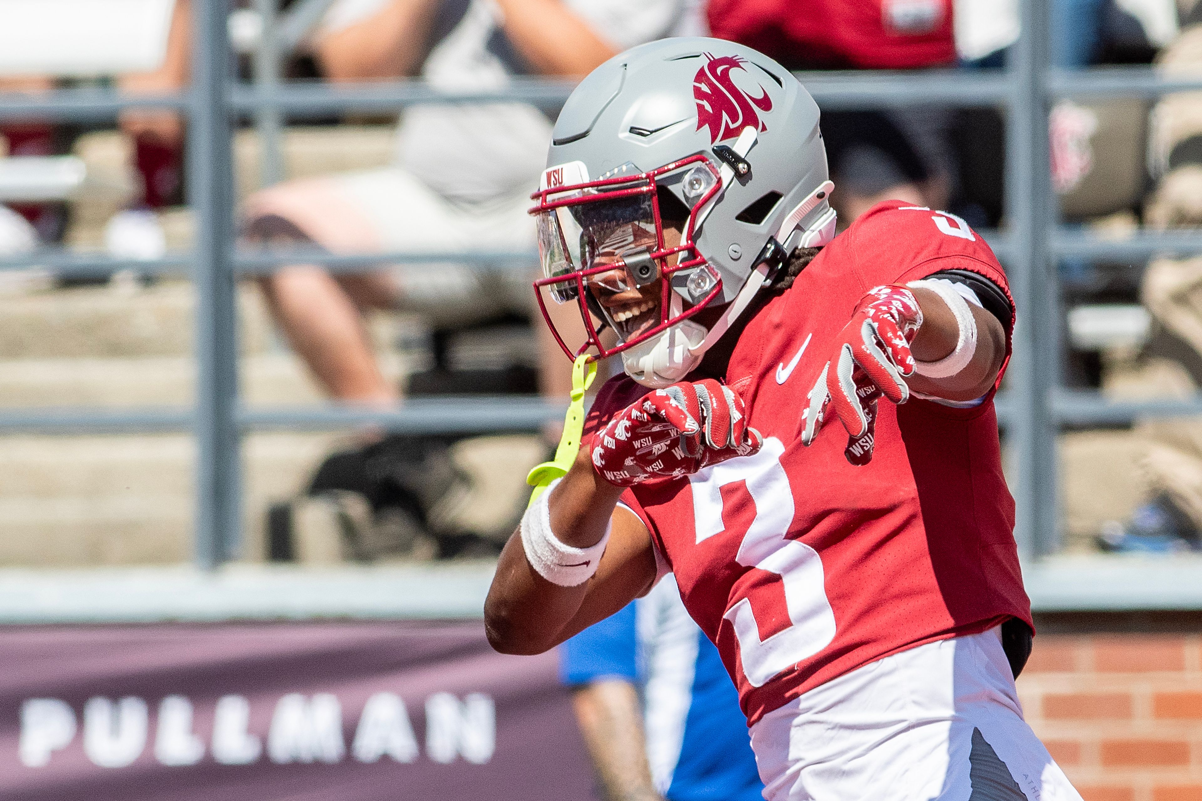 Washington State wide receiver Tre Shackelford celebrates a touchdown against Portland State during a quarter of a nonconference game at Gesa Field in Pullman.