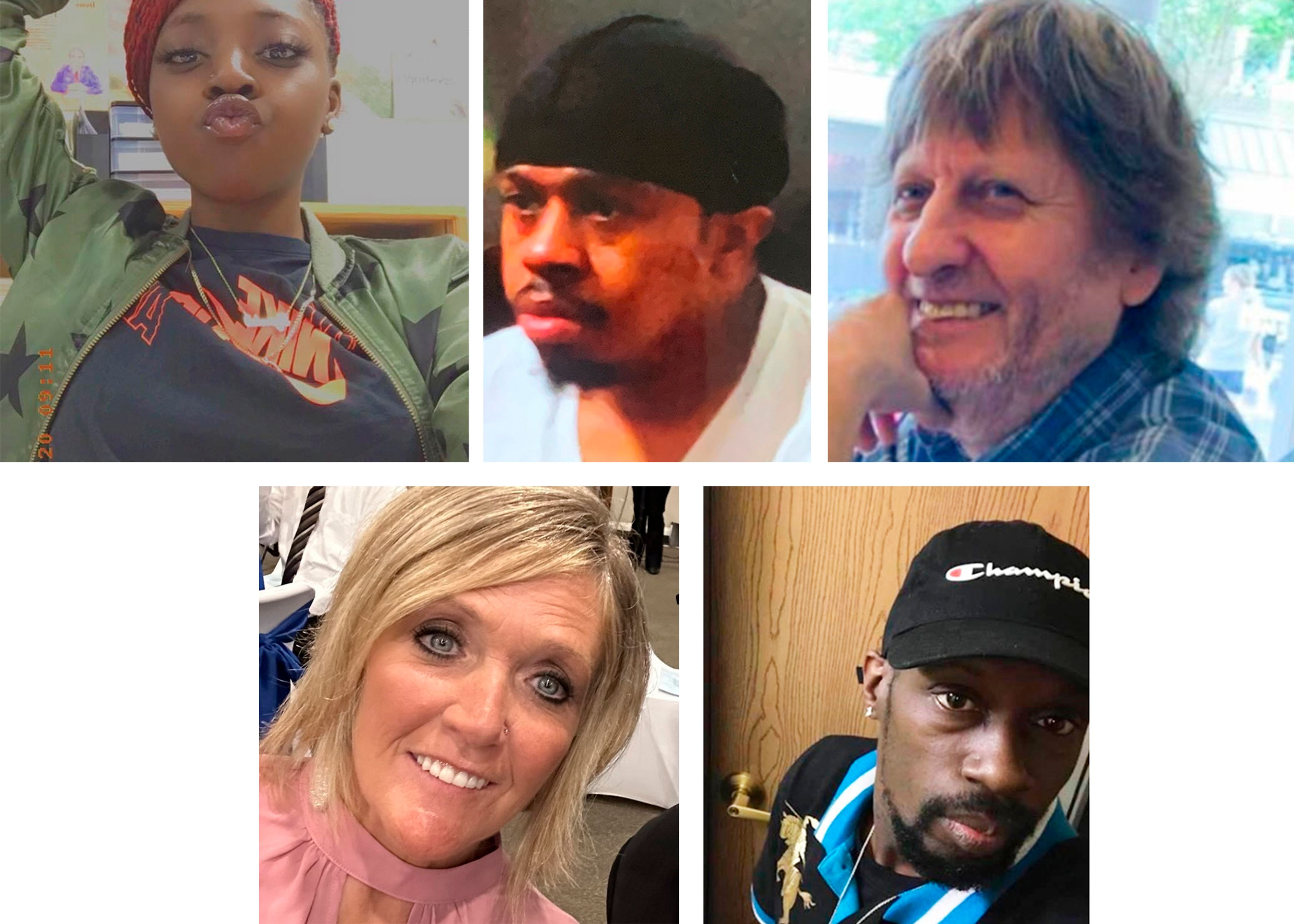 This combination of photos provided by the Chesapeake, Va., Police Department shows top from left, Tyneka Johnson, Brian Pendleton and Randy Blevins, and, bottom from left, Kellie Pyle and Lorenzo Gamble, who Chesapeake police identified as victims of a shooting that occurred late Tuesday, Nov. 22, 2022, at a Walmart in Chesapeake. (Chesapeake Police Department via AP)