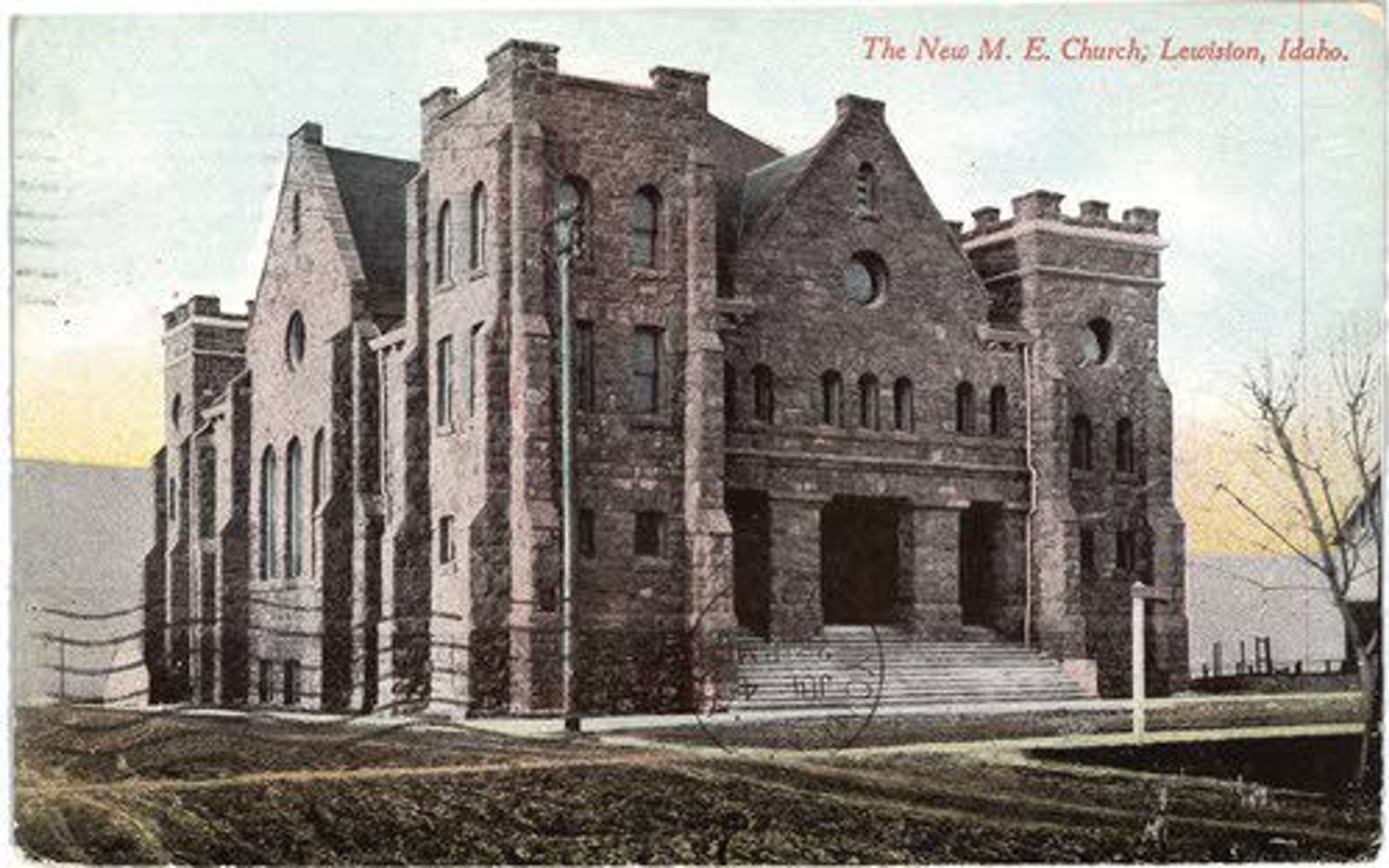 The front of this postcard, mailed in 1911, shows a colorized photo of the New M. E. Church, which was later to become the Lewiston Civic Theatre.