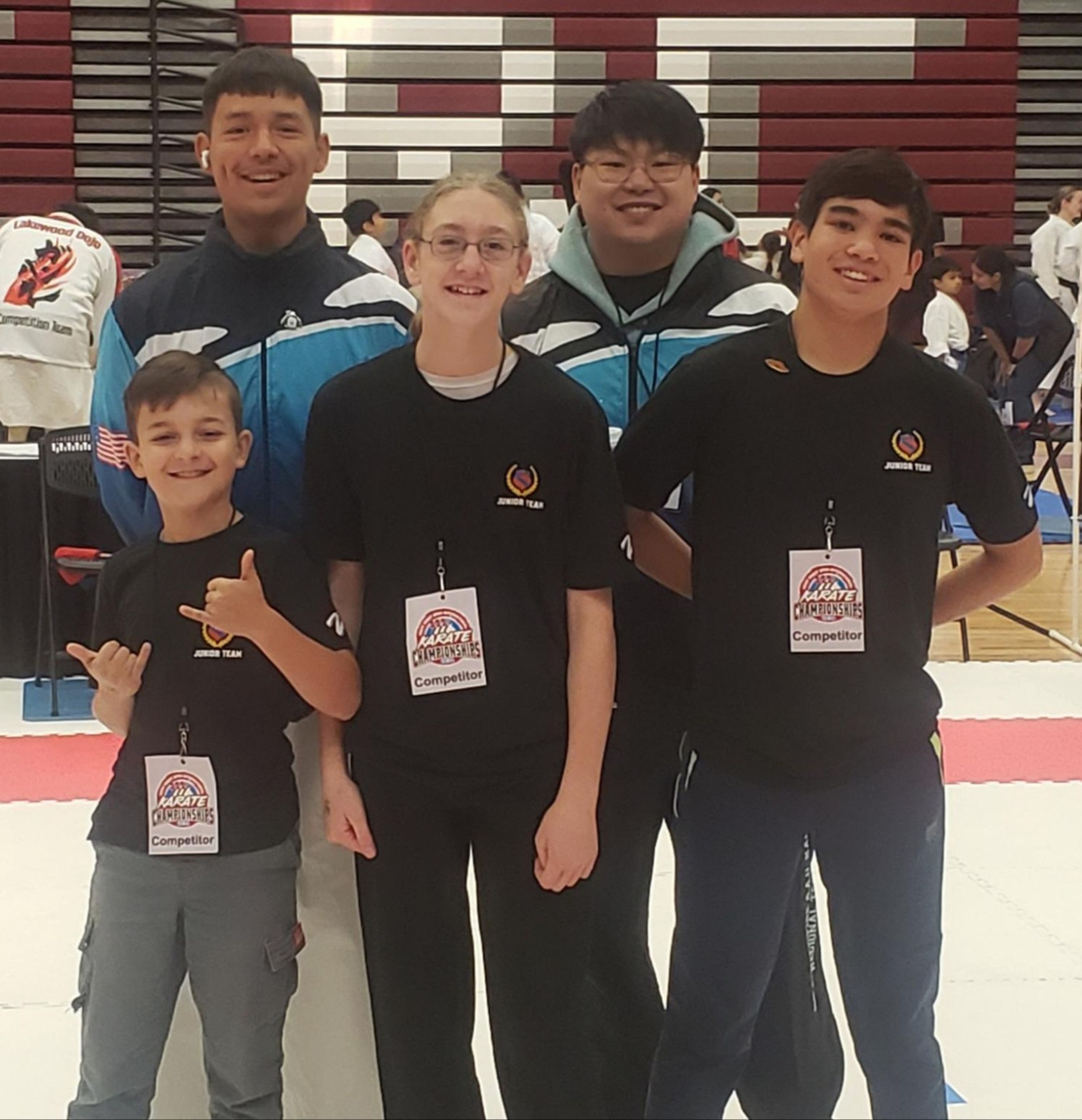 Inland Empire AAU karate team members are shown 
Sunday at the West Coast Open in 
Lakewood, Wash. They are, in the back row, left to right: Anton Arthur and coach Jonathan Morrow; front row, left to right: Maverick Campbell, CC Subis and Luke Heavrin.



