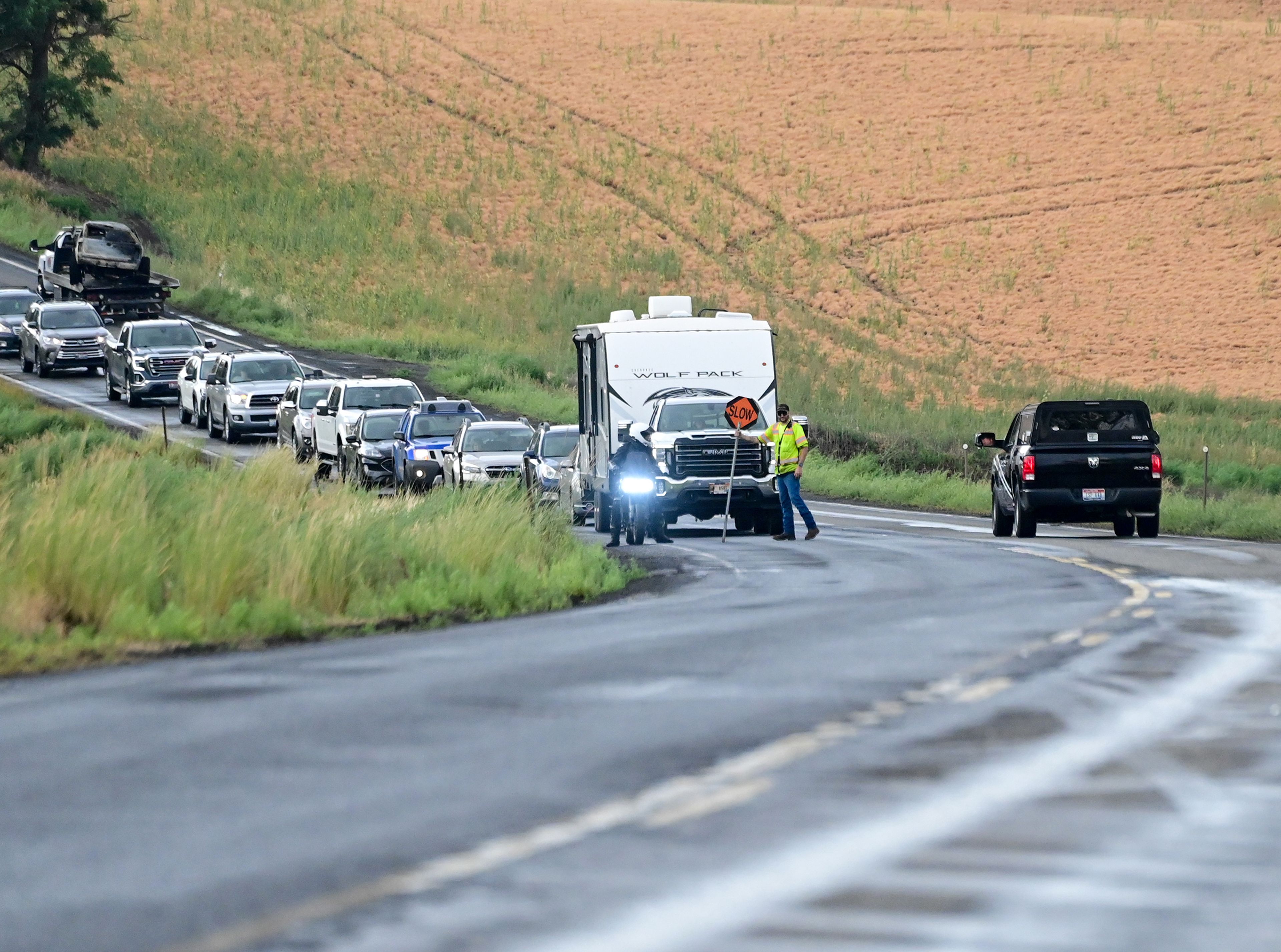 Traffic backed up on US Highway 95 because of a wreck south of Moscow