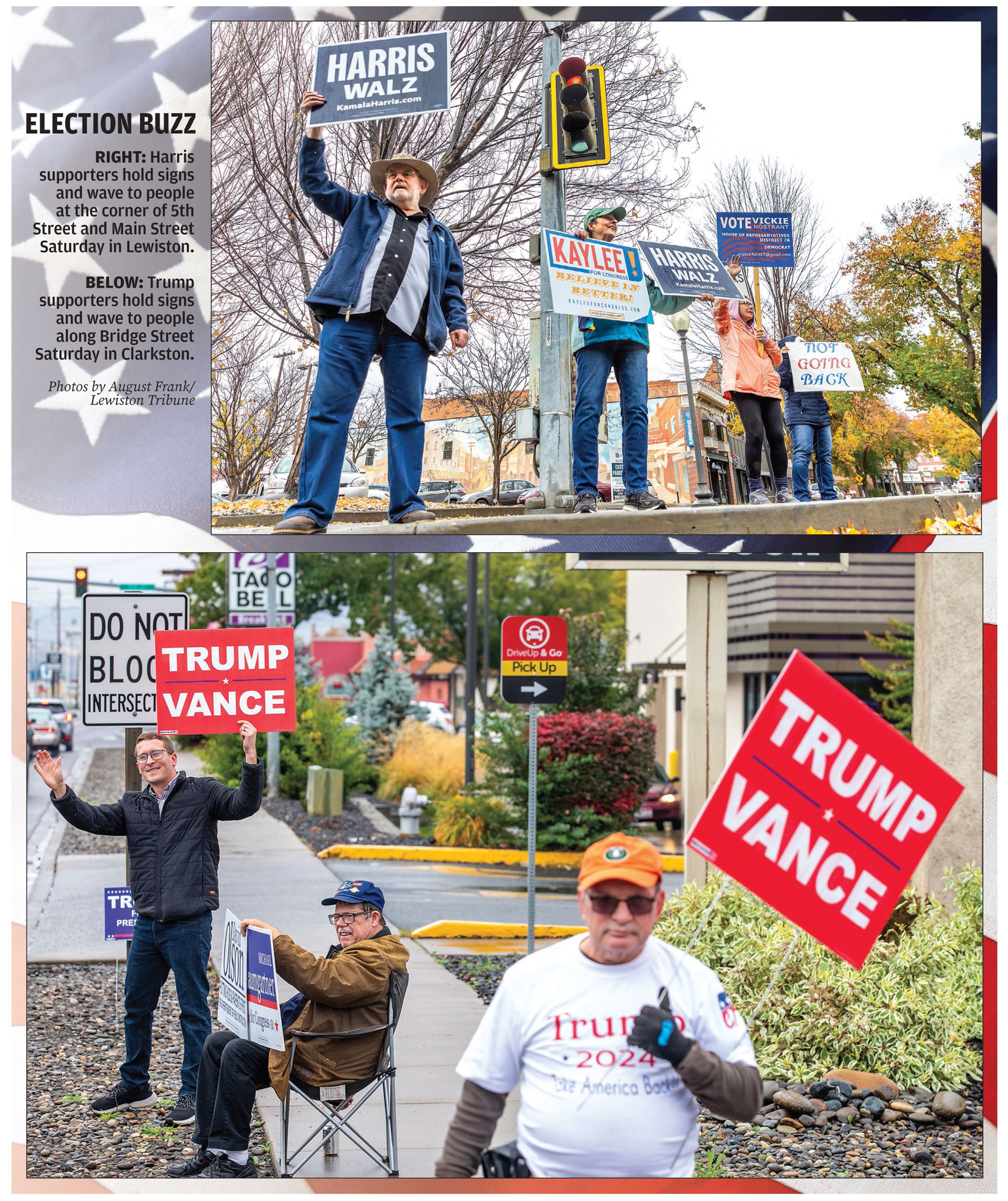 These photos taken Saturday show supports advocating for the two major presidential candidates in Lewiston and Clarkston.